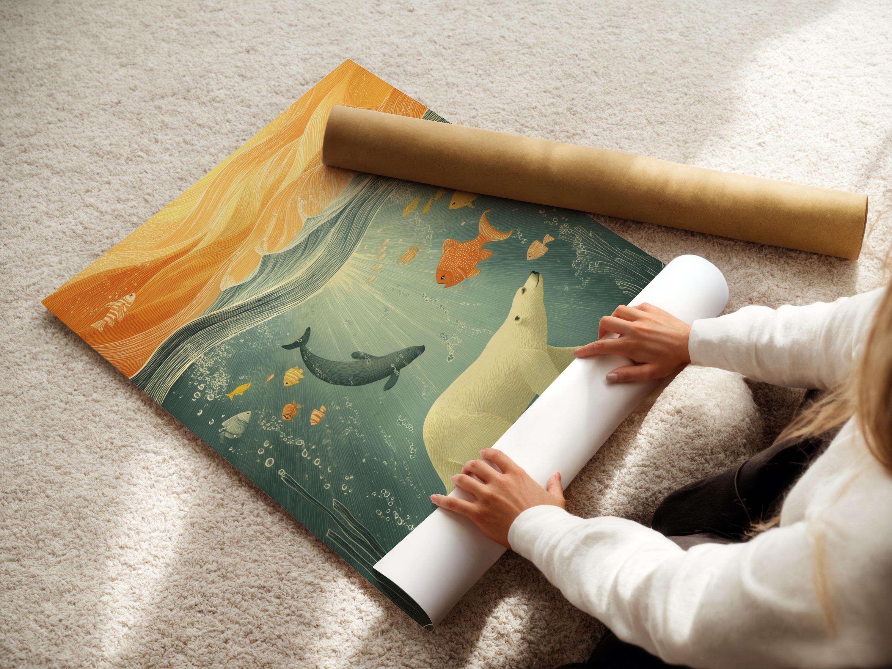Underwater scene with a polar bear, fish and a whale in seafoam teal and warm gold waves detail view