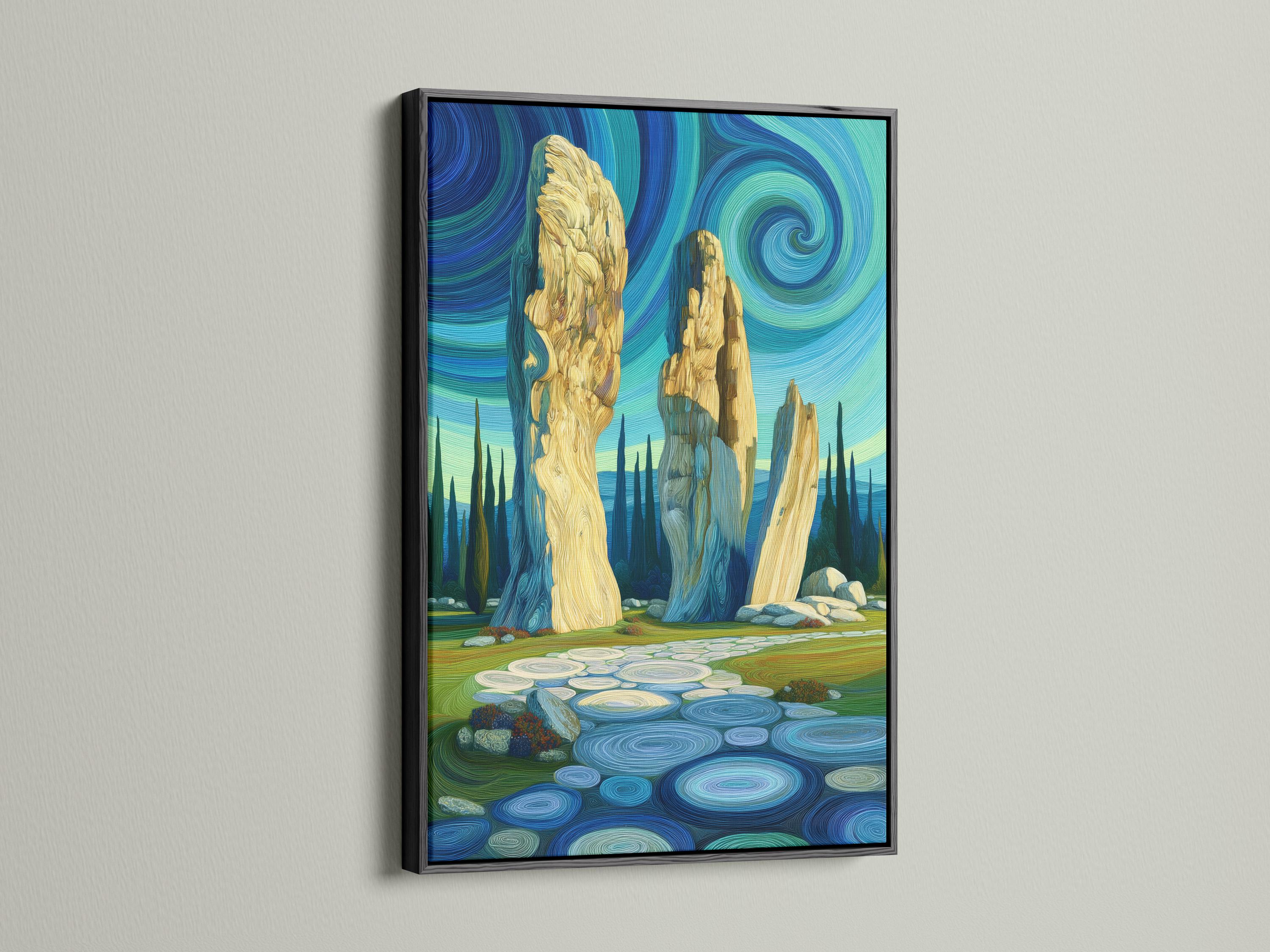 Stylised stone pillars landscape with swirling blue sky and ripple-textured ground detail view