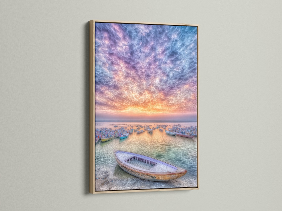 Harbour sunset scene with boats and swirling purple-blue clouds detail view