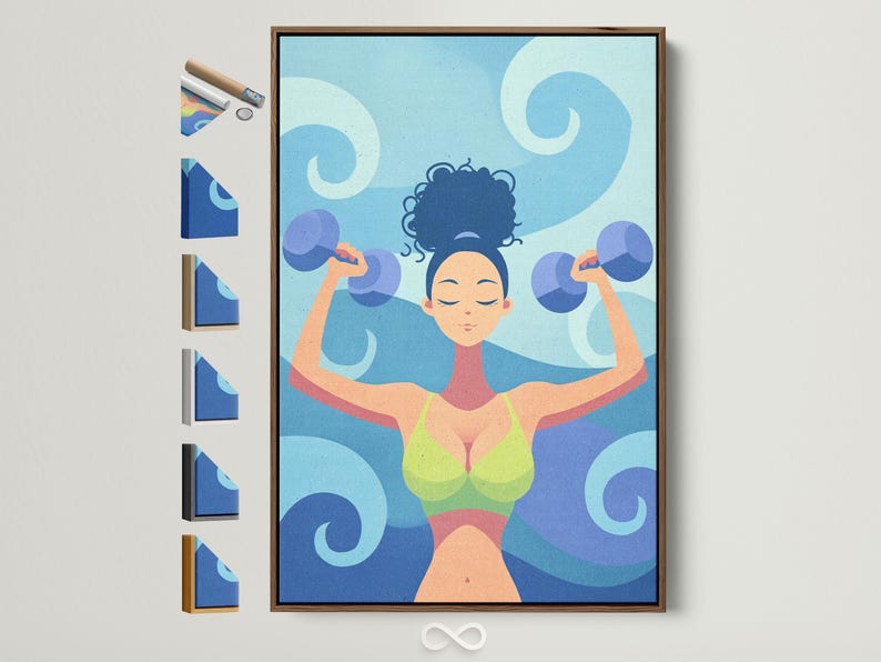 Stylised fitness woman lifting dumbbells overhead against a swirling blue background