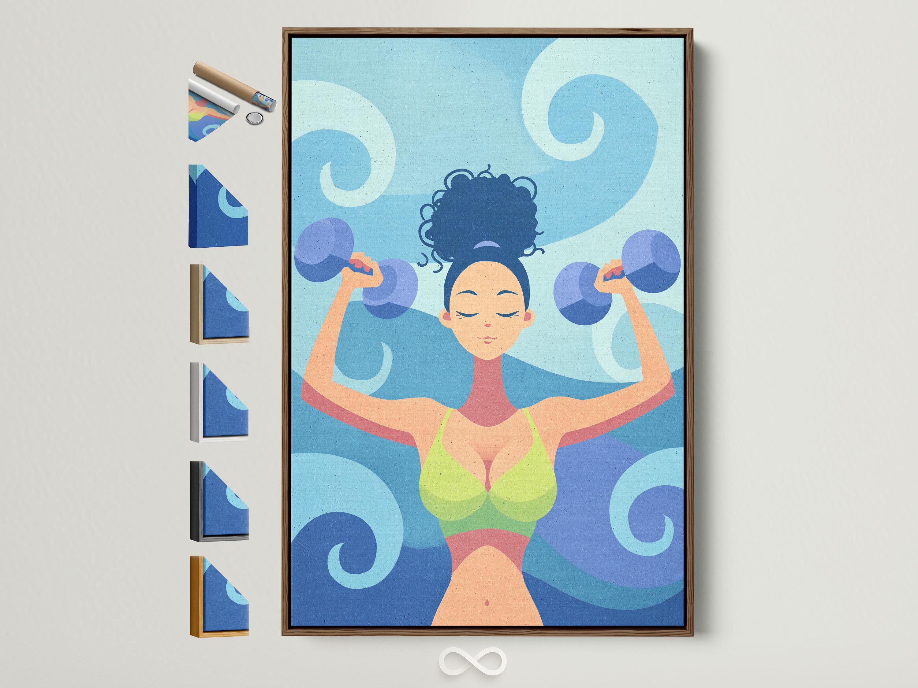 Stylised fitness woman lifting dumbbells overhead against a swirling blue background