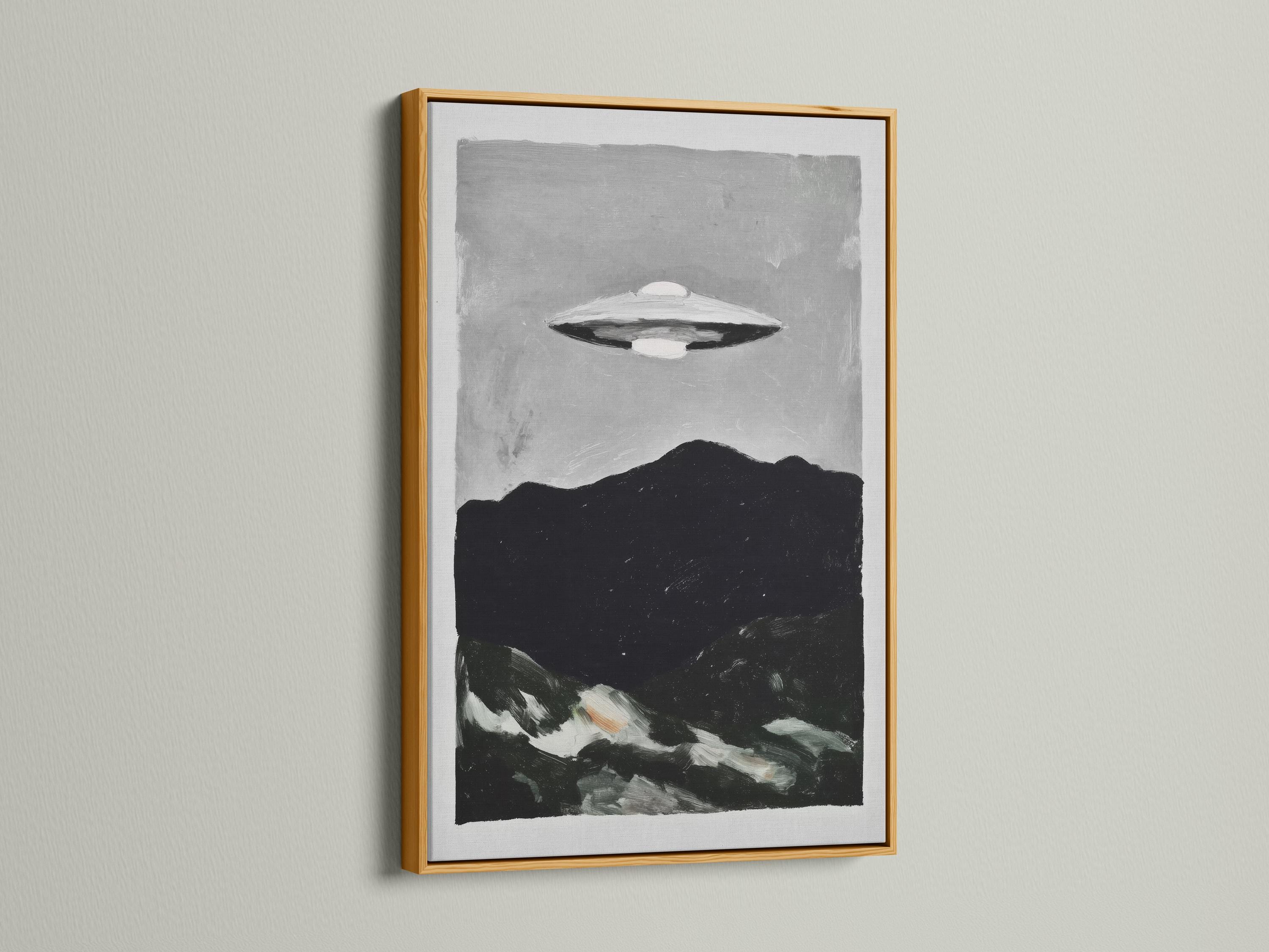 Monochrome painting of a UFO hovering above a dark mountain landscape detail view