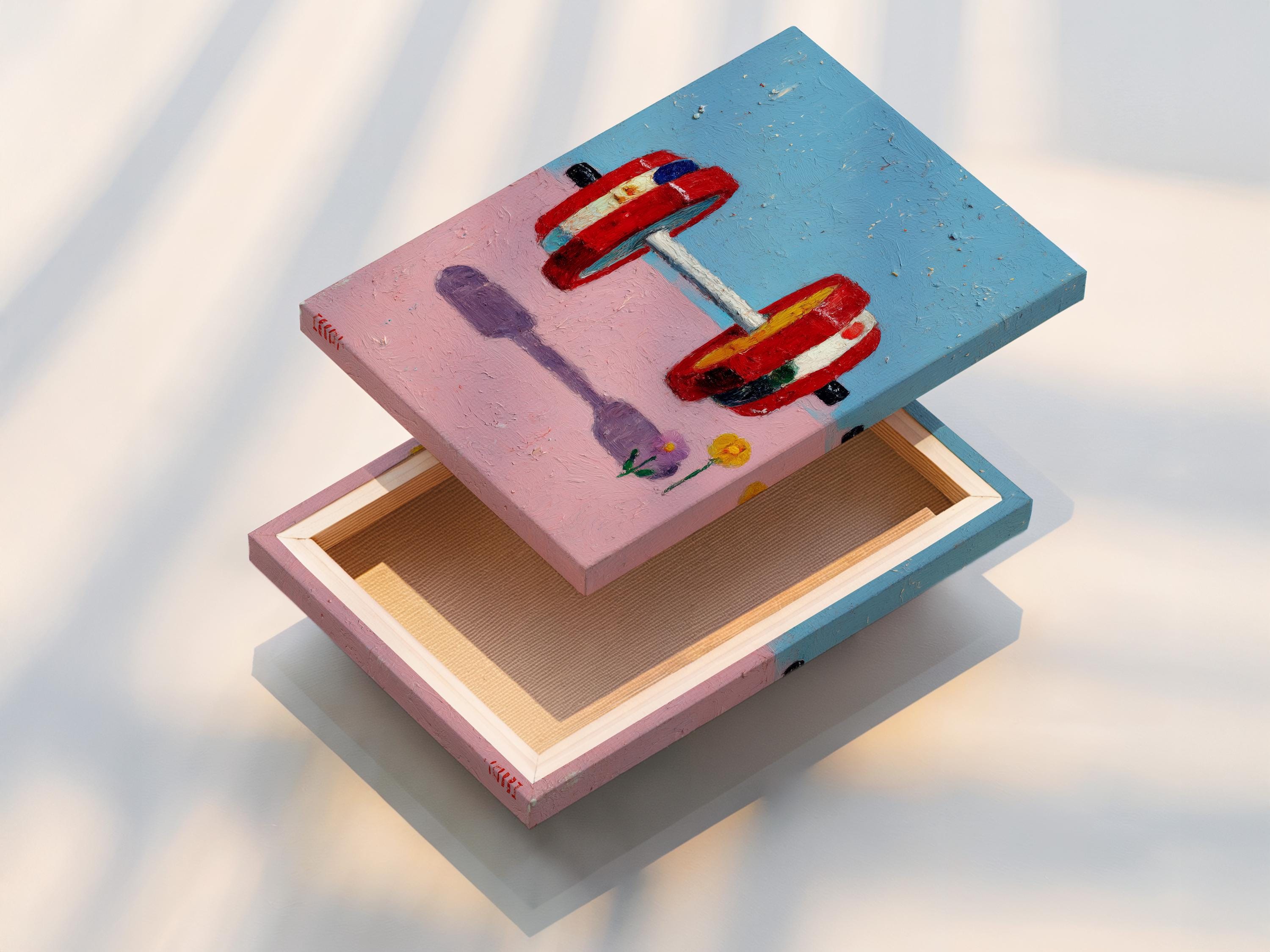 A framed abstract painting shows a brightly coloured weight barbell on a blue-and-pink background with small scattered speckles and a minimal flower
