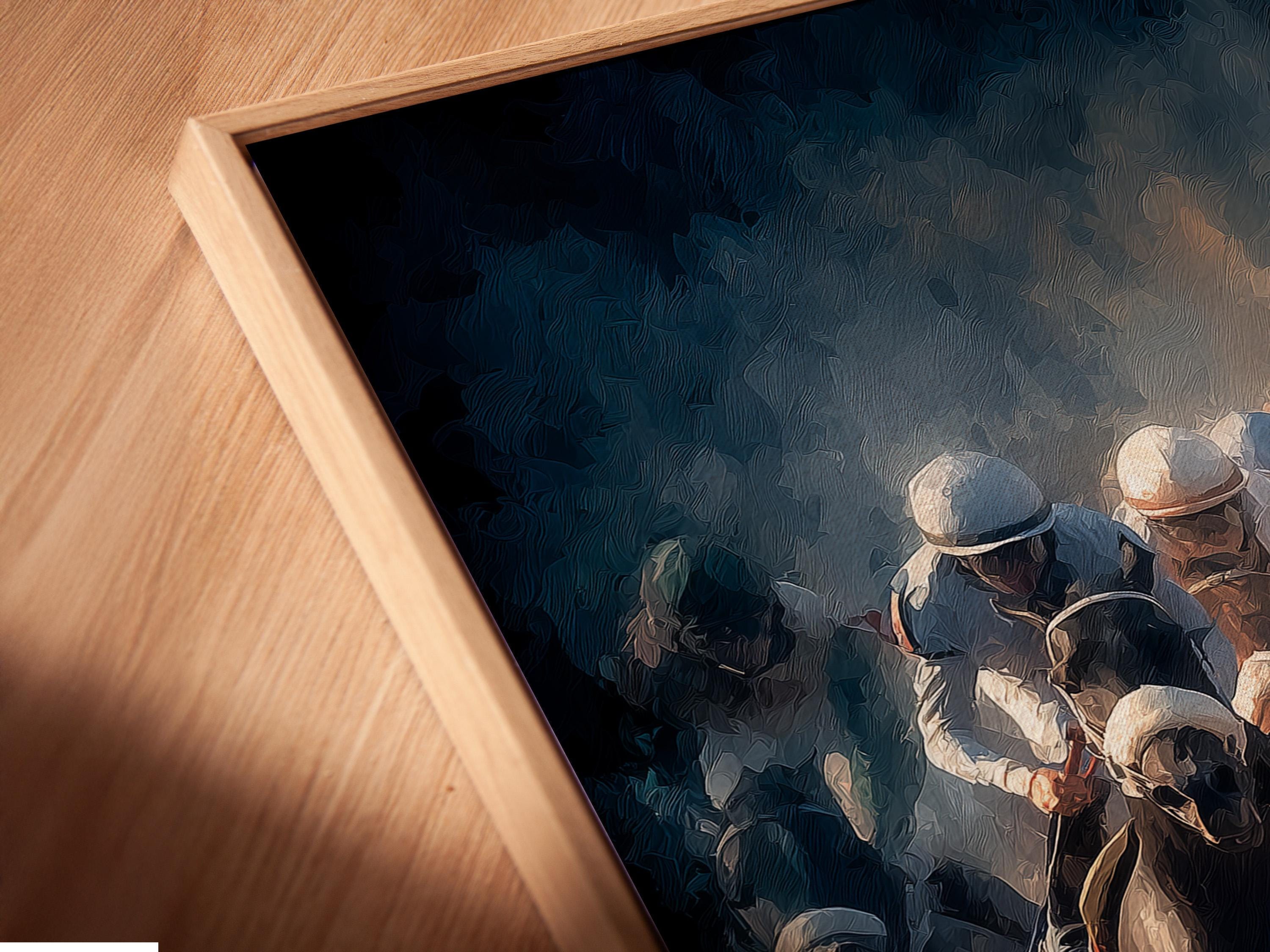 Horse racing artwork showing jockeys riding racehorses in smoky blue haze with warm orange highlights detail view
