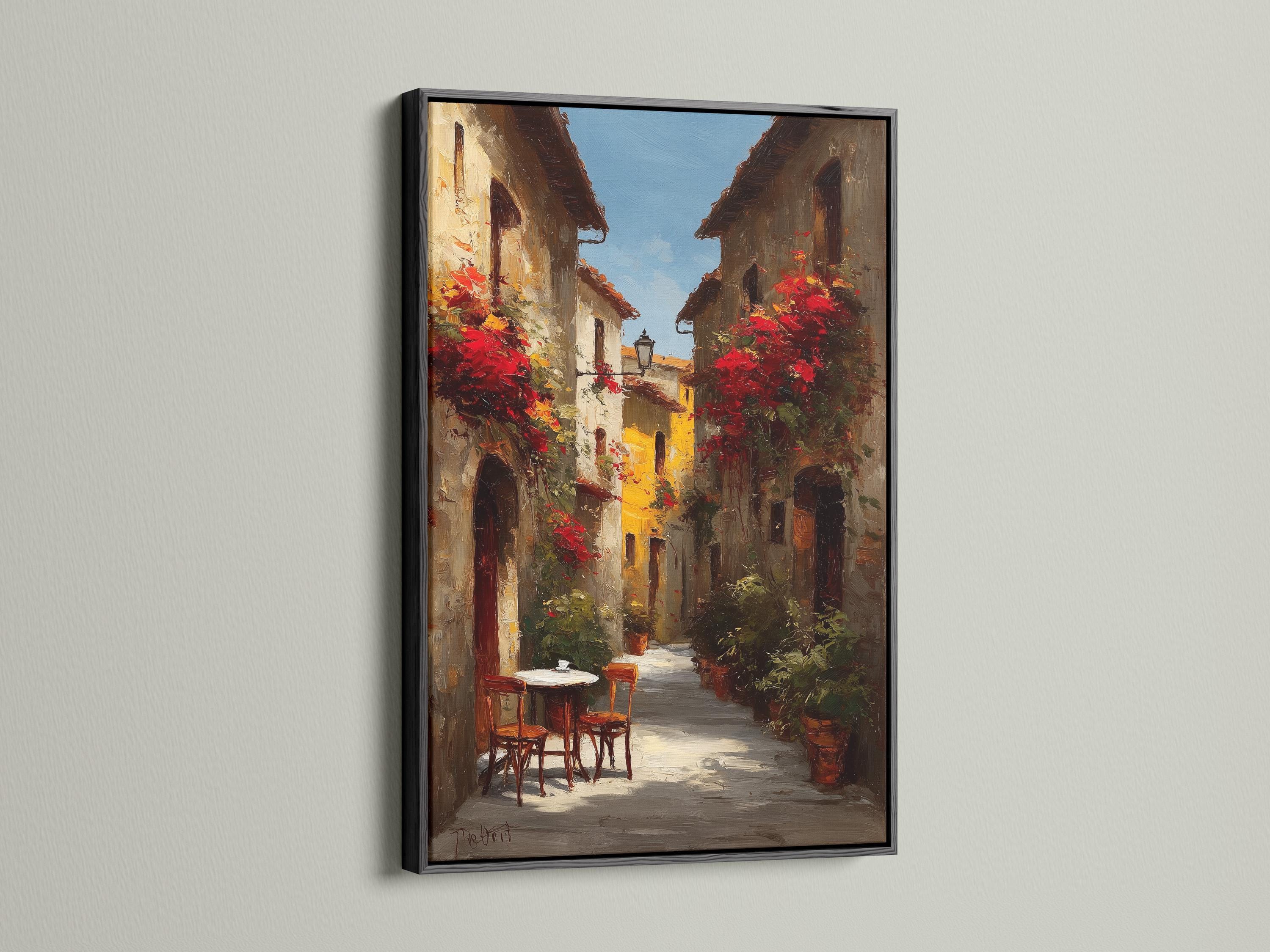 A sunlit alley scene with warm golden light, red flowering vines, and old European buildings leads the eye to a small table in the distance detail