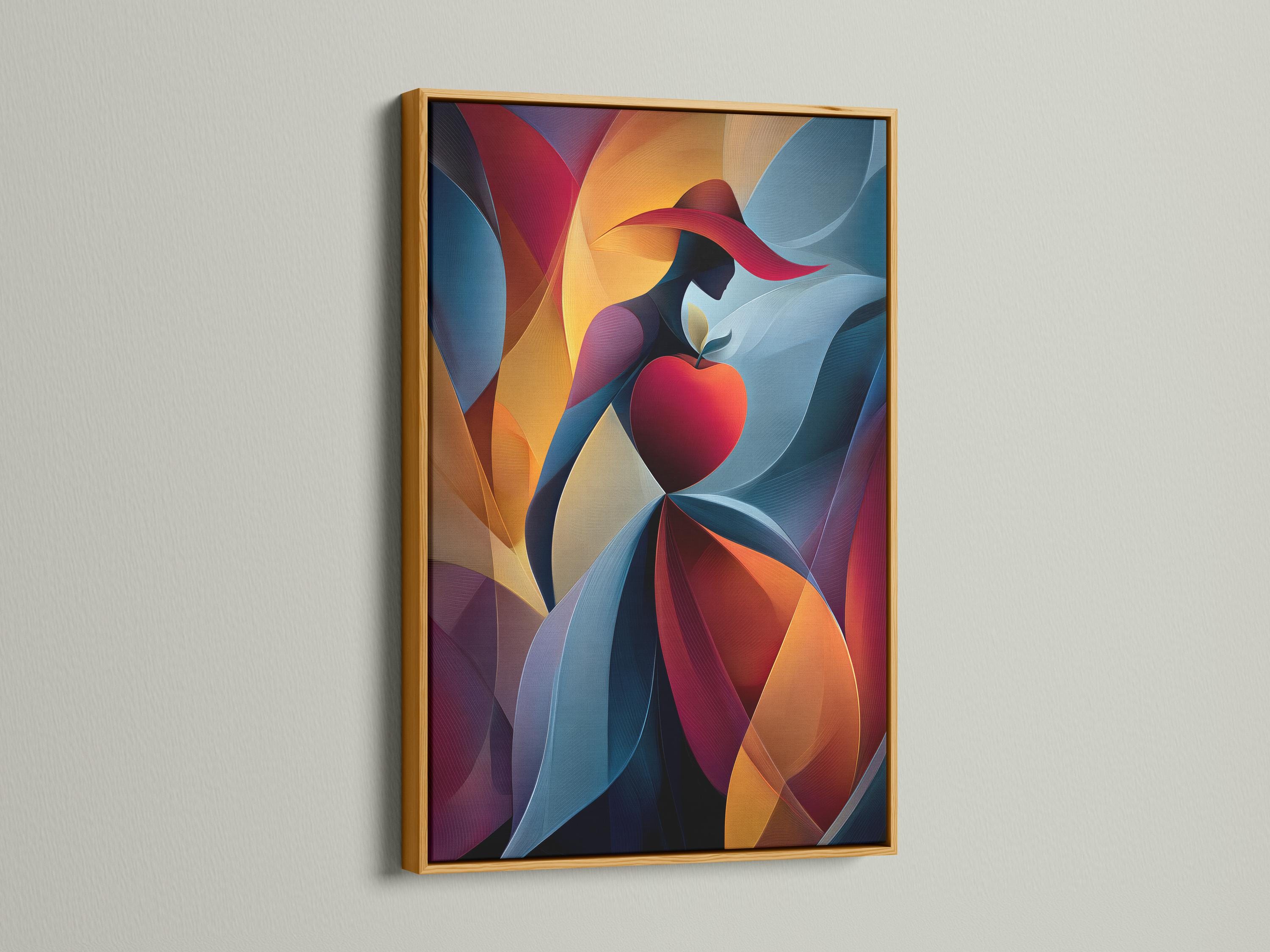 Abstract woman silhouette with a red heart, ribbon-like curves, and blue, red, gold colours detail view
