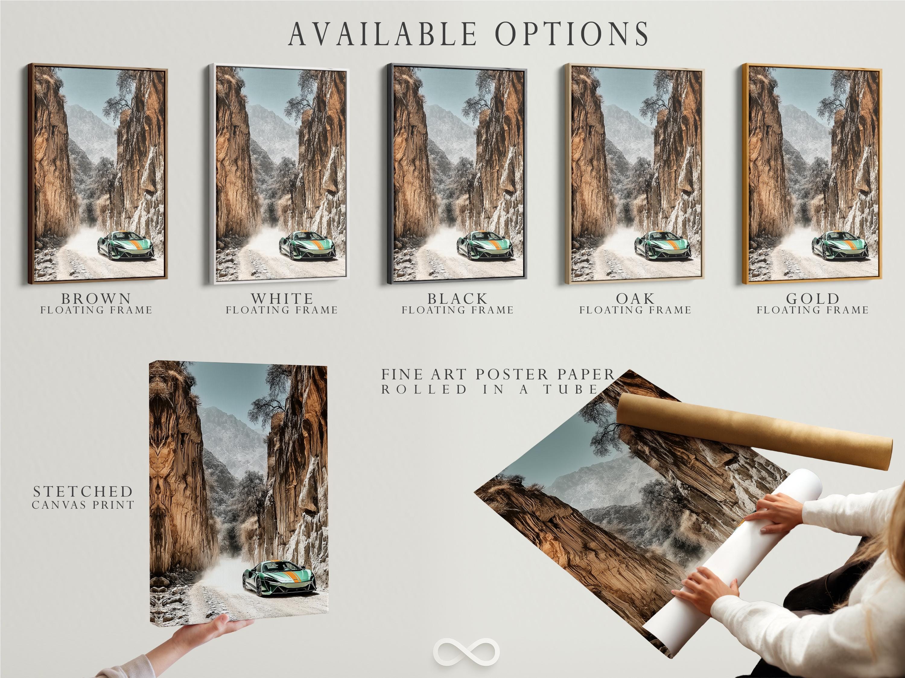 Green sports car on a sandy path in a rocky desert canyon with misty mountains detail view