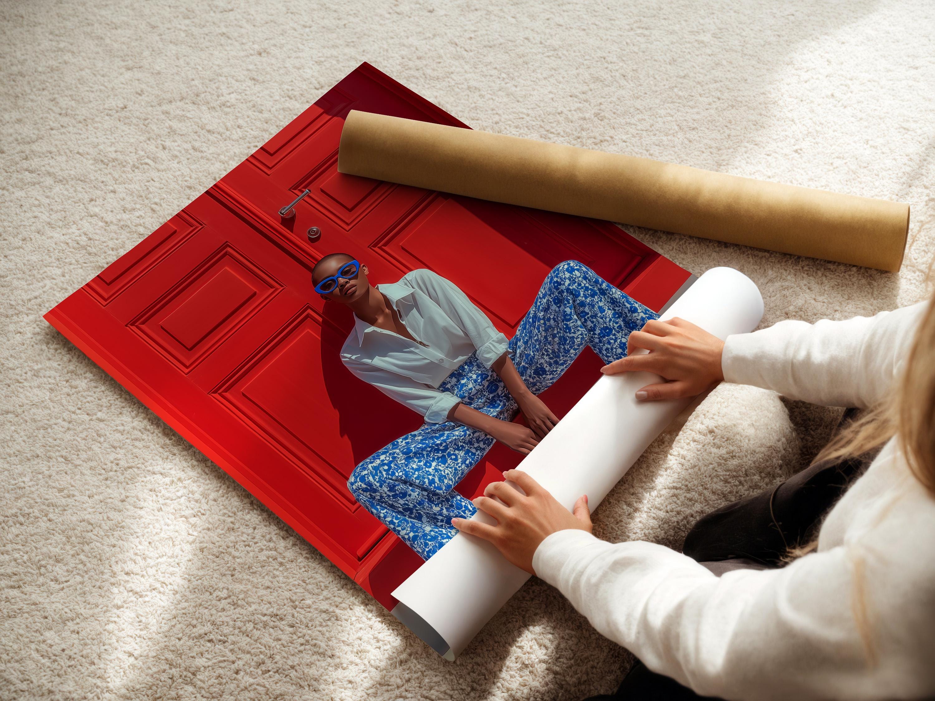 Seated fashion portrait with blue glasses in front of a red door backdrop detail view