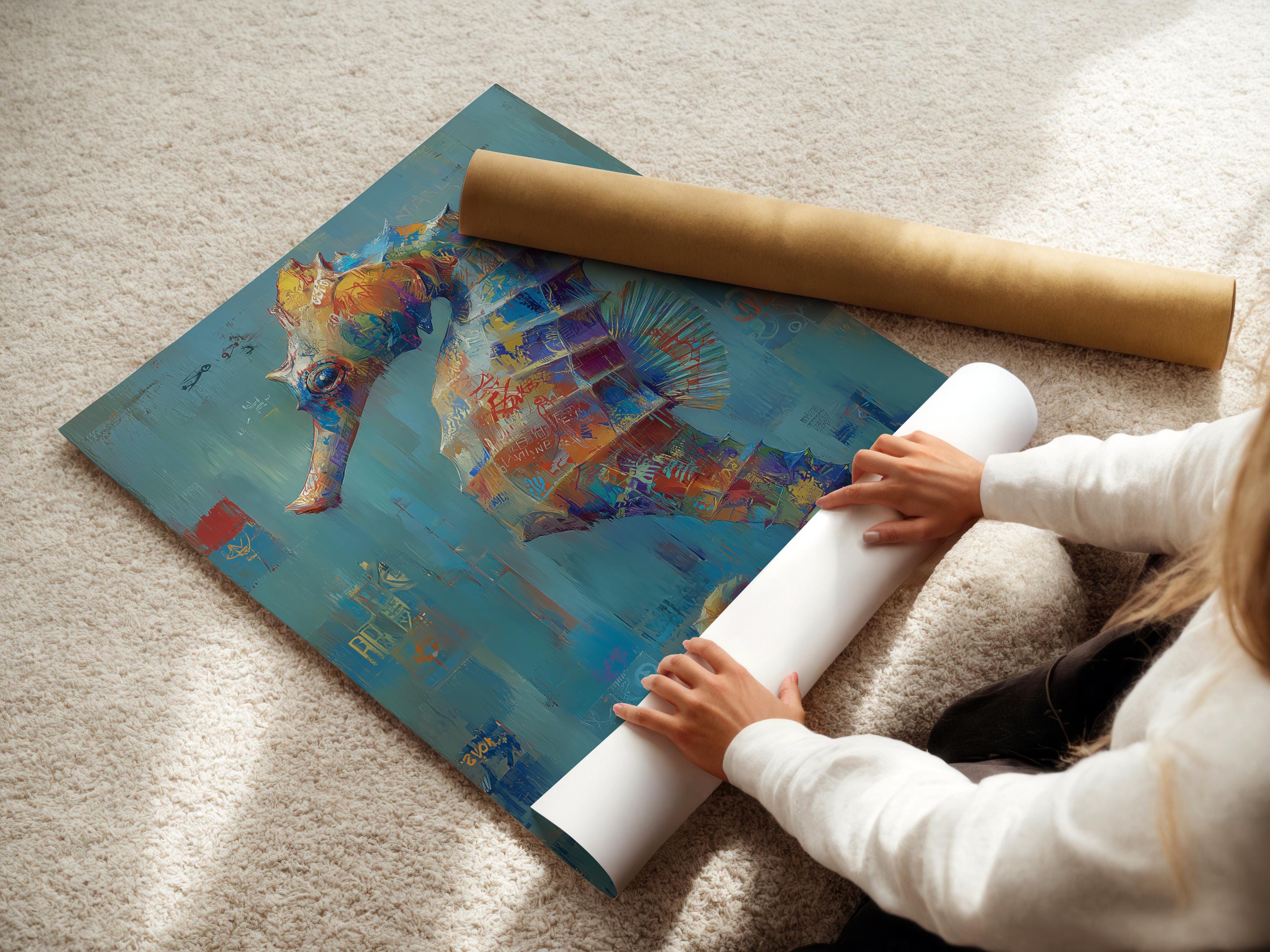 Wall mockup showing a framed abstract seahorse-like artwork with teal and coral accents