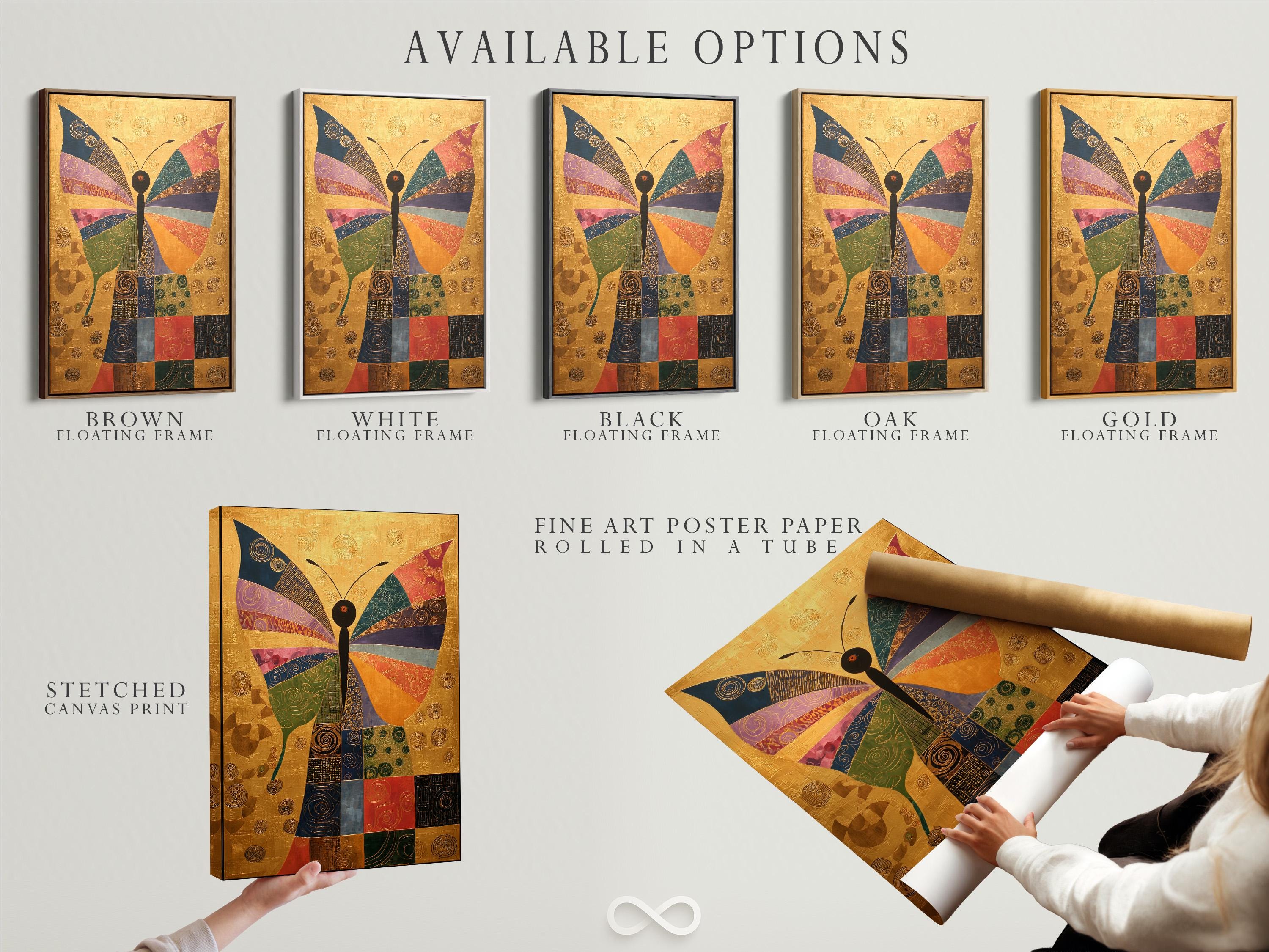 Geometric butterfly artwork with gold background and multicolour swirl-patterned wings detail view