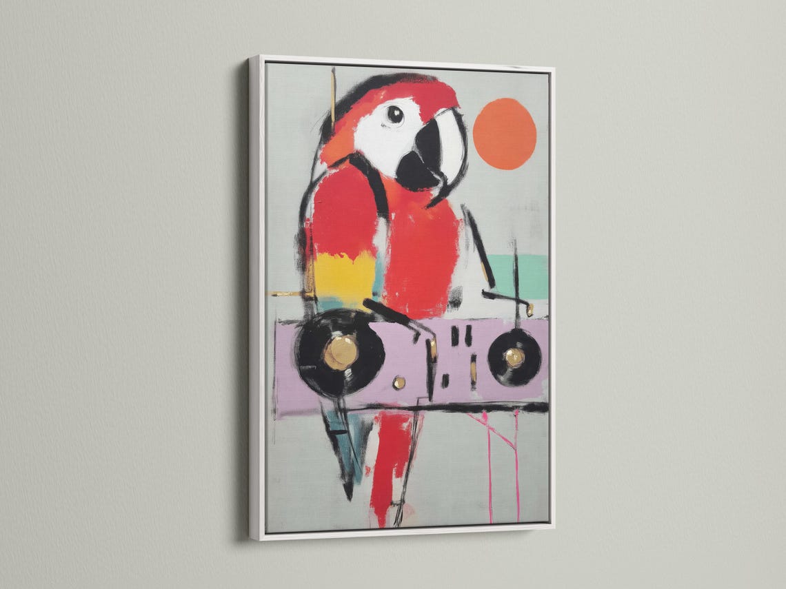 Stylised parrot bird portrait in red and black with a large orange circle accent detail view