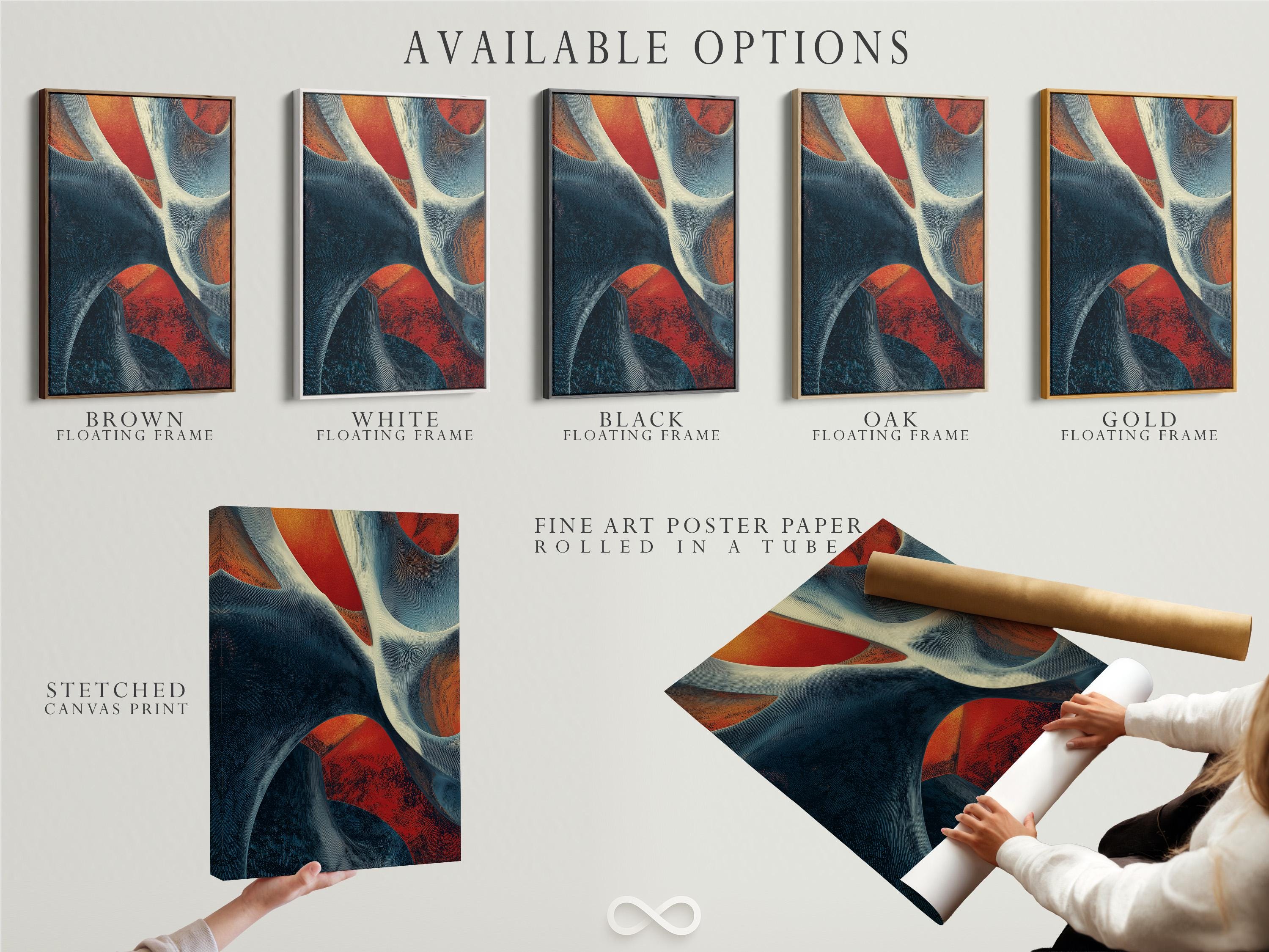 Abstract geometric artwork with indigo and blue curved ribbons, cream highlights, and coral-red accents detail view