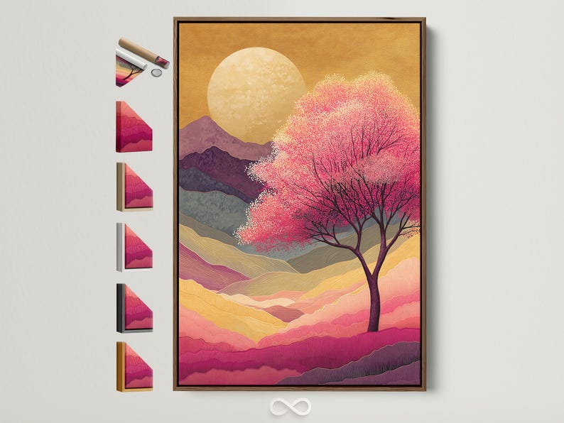 Landscape artwork with a pink blossom tree, layered mountains and a glowing sun