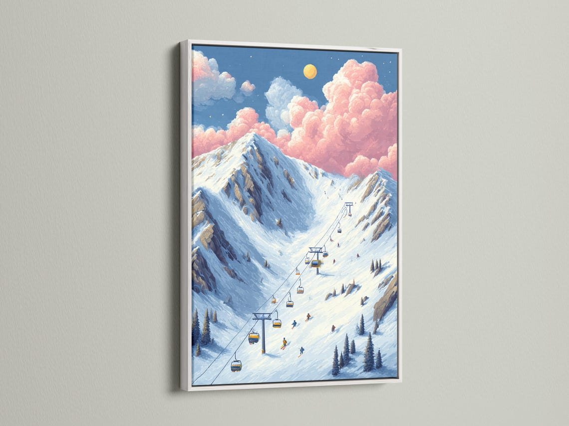 Winter mountain ski resort illustration with a diagonal chairlift, gondolas, skiers, snowy slopes and pink clouds detail view