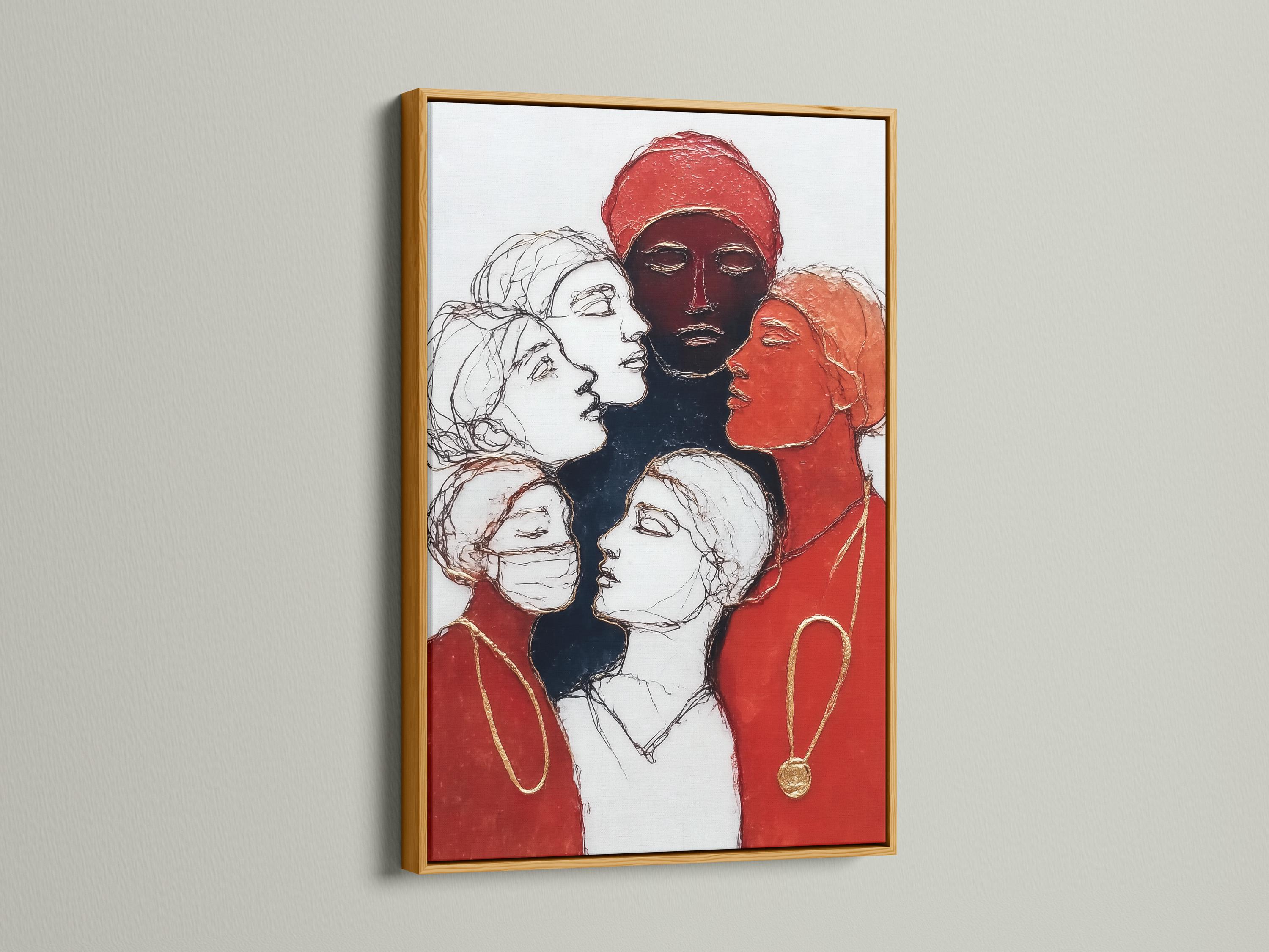 Red and gold women portrait illustration with overlapping faces and headscarves detail view
