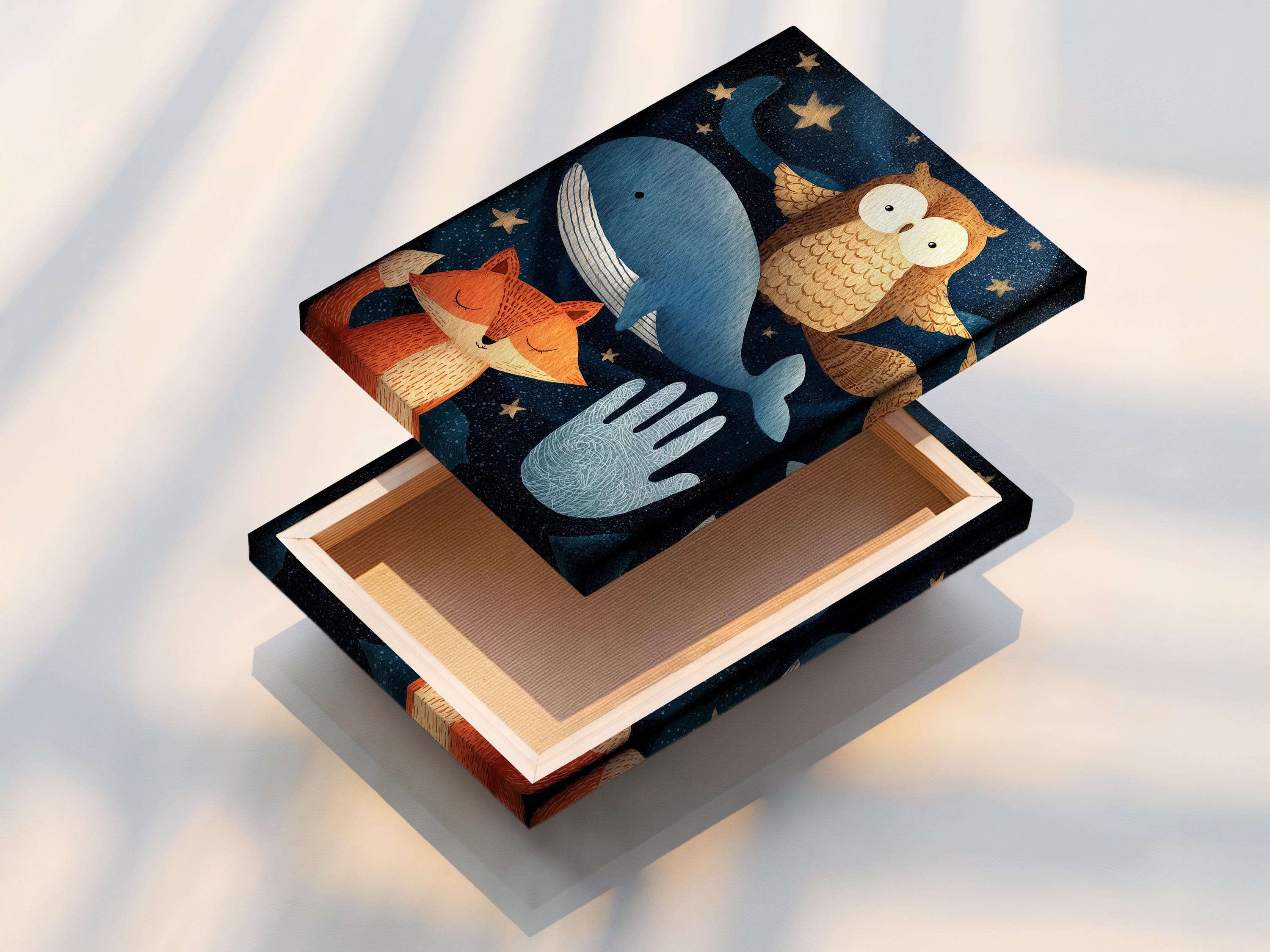 Owl perched above a blue whale with a smiling fox under starry night sky detail view