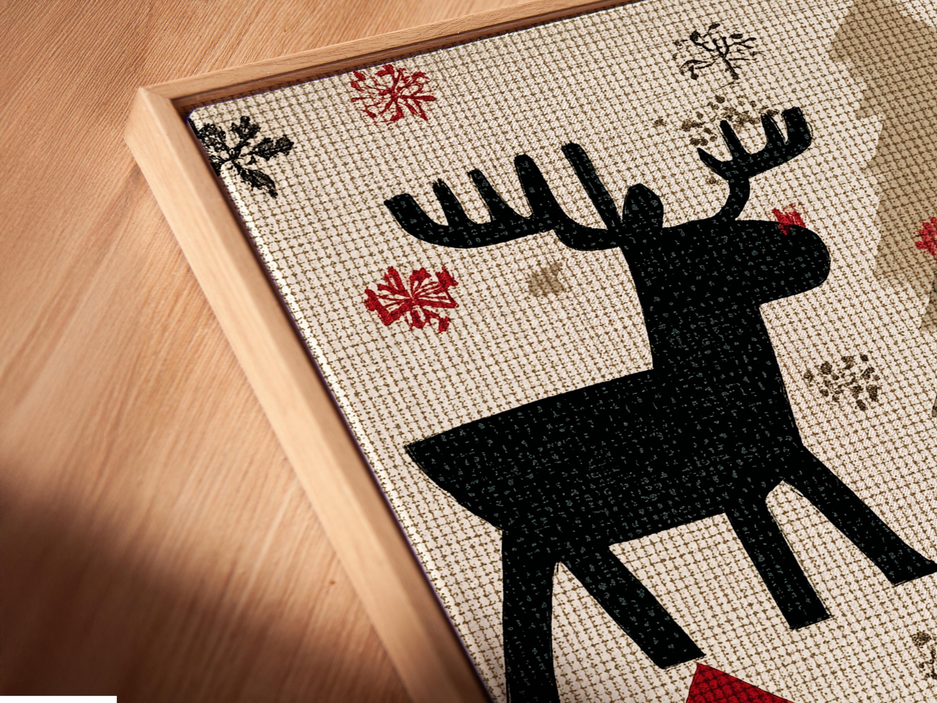 Room mockup showing a framed festive moose artwork with Christmas trees and snowflakes