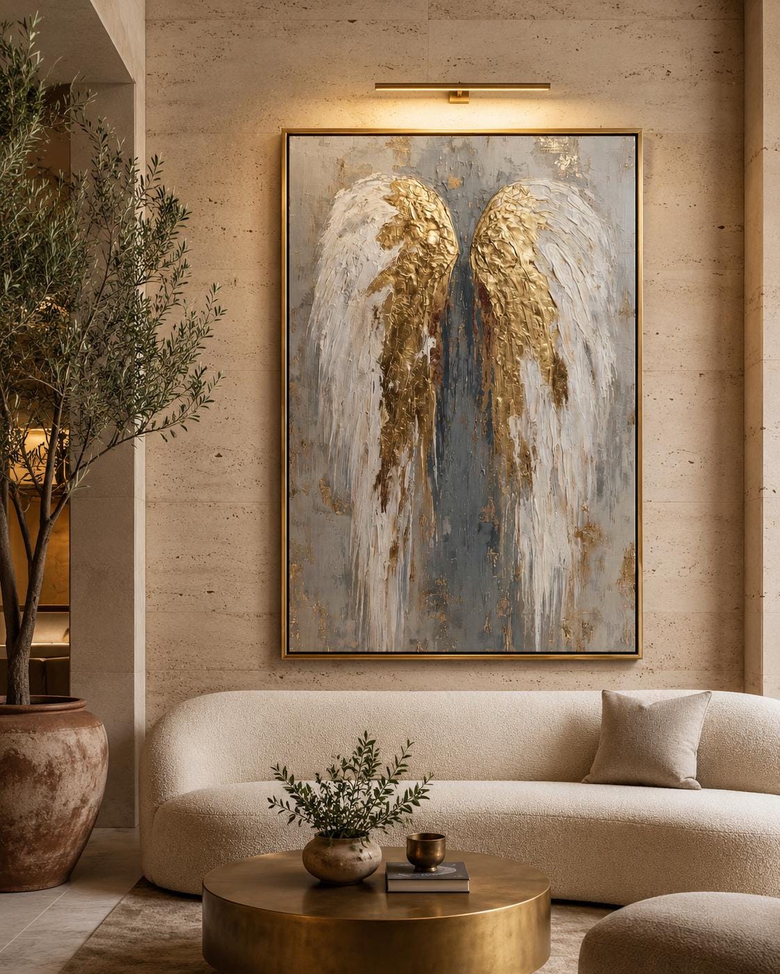 An angel-wing motif is shown symmetrically in layered white, grey and gold leaf-like tones, set against a textured neutral background