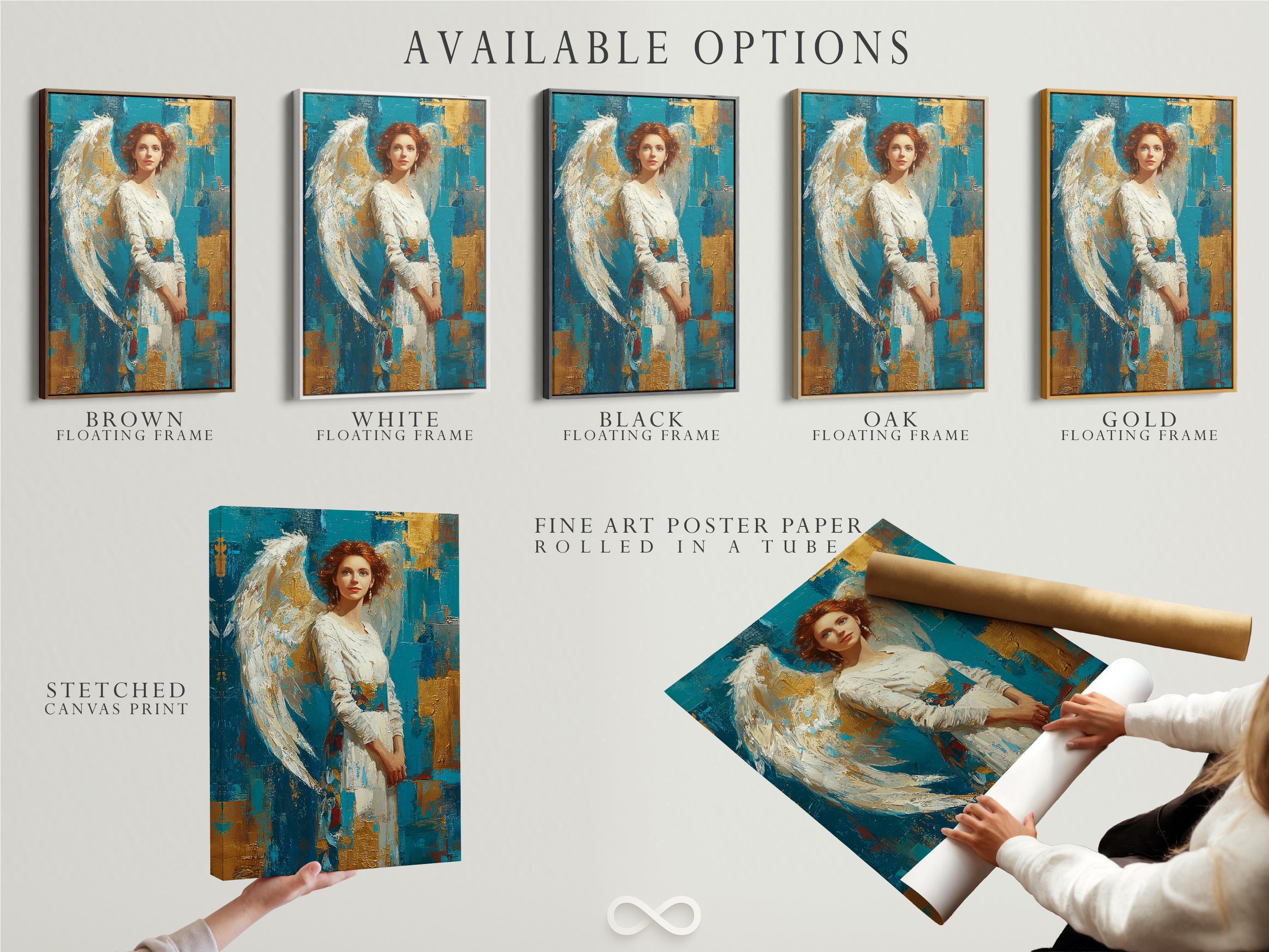 A teal and gold portrait of a woman with white angel wings, rendered in a painterly style with textured, gold-flecked background blocks detail view
