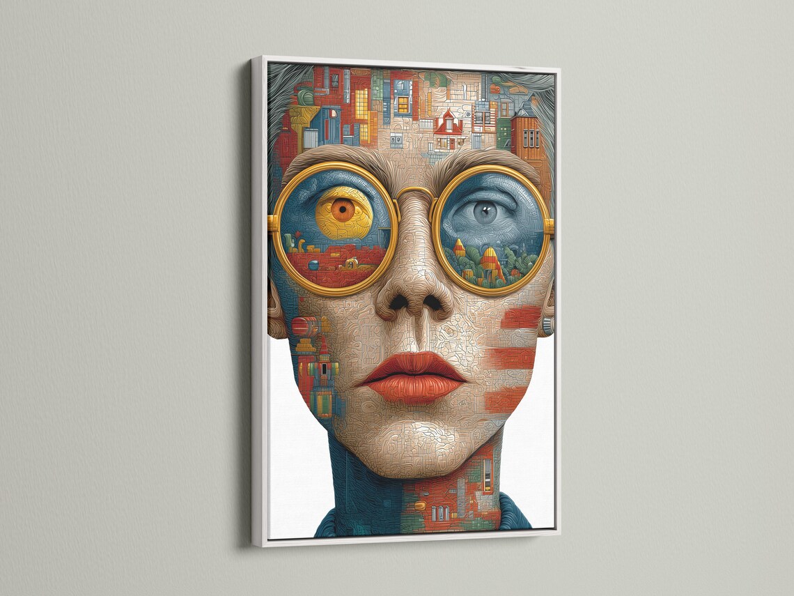 Surreal woman face artwork made from cityscape building details and oversized gold and blue eyes detail view