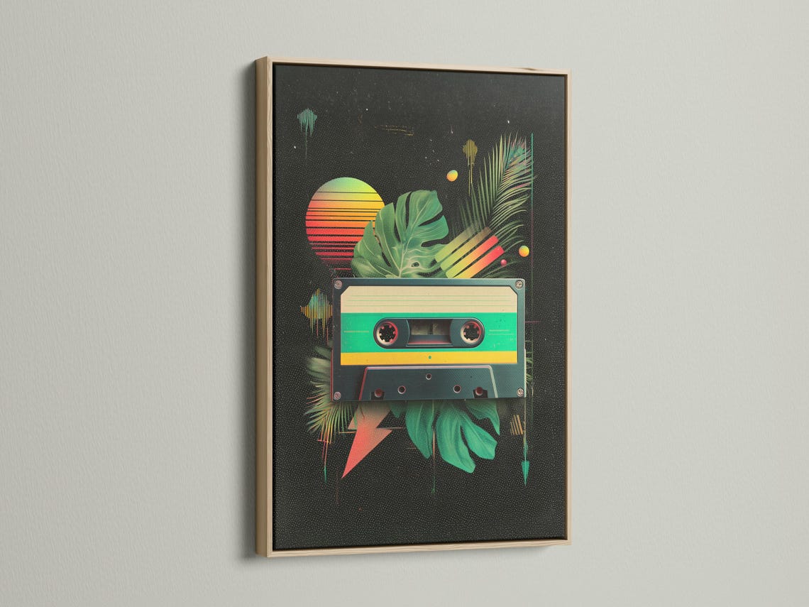 Retro cassette tape with tropical green leaves, neon stripes and floating orbs on a dark speckled background detail view