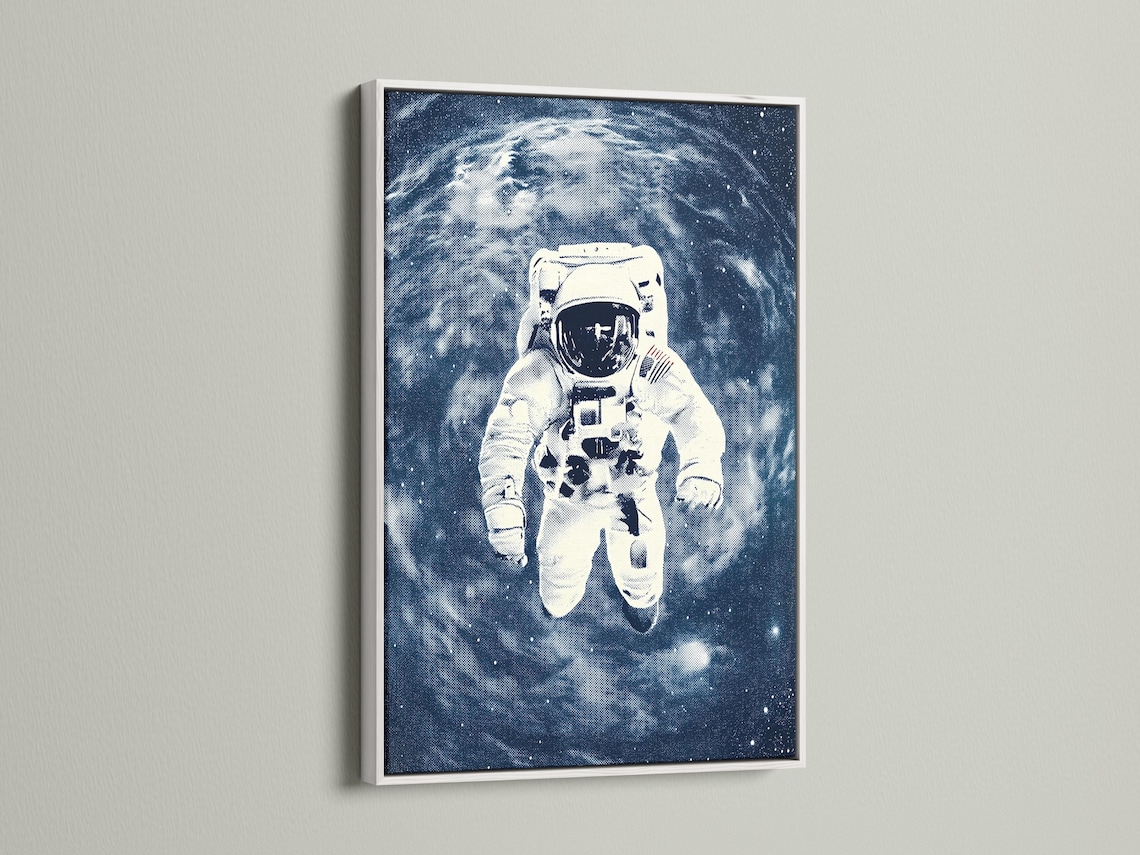 Stylised astronaut running through a deep indigo galaxy with a bright planet arc and stars detail view