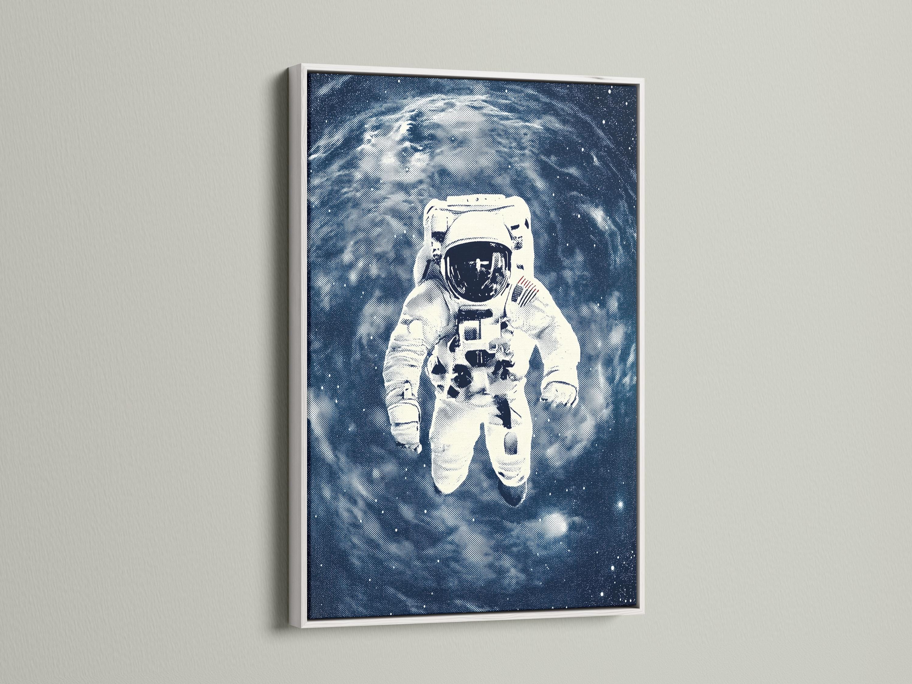 Stylised astronaut running through a deep indigo galaxy with a bright planet arc and stars detail view