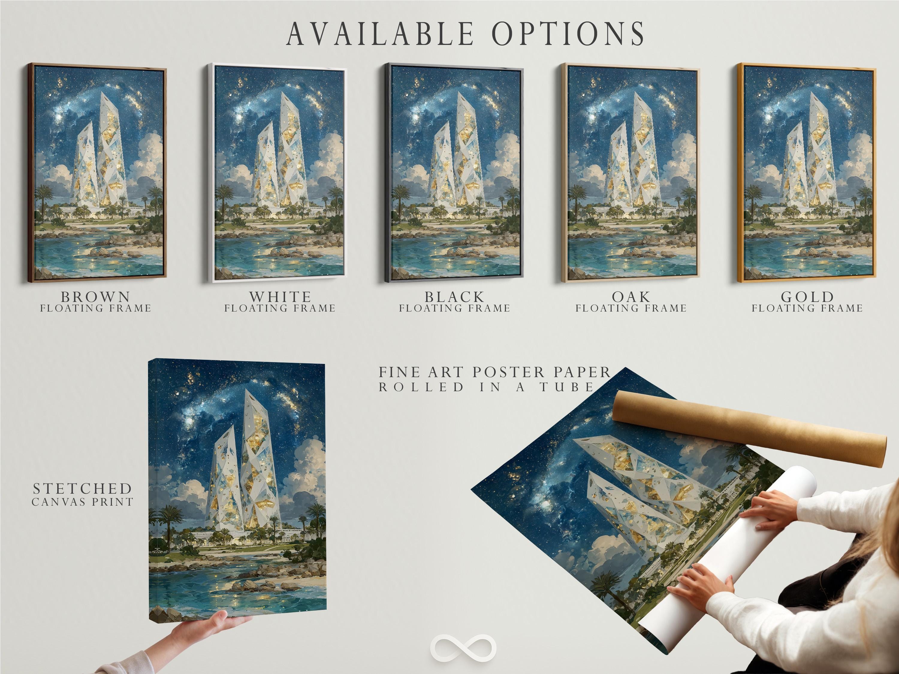 Wall mockup showing a framed artwork of glowing crystal towers over a starry night coastline