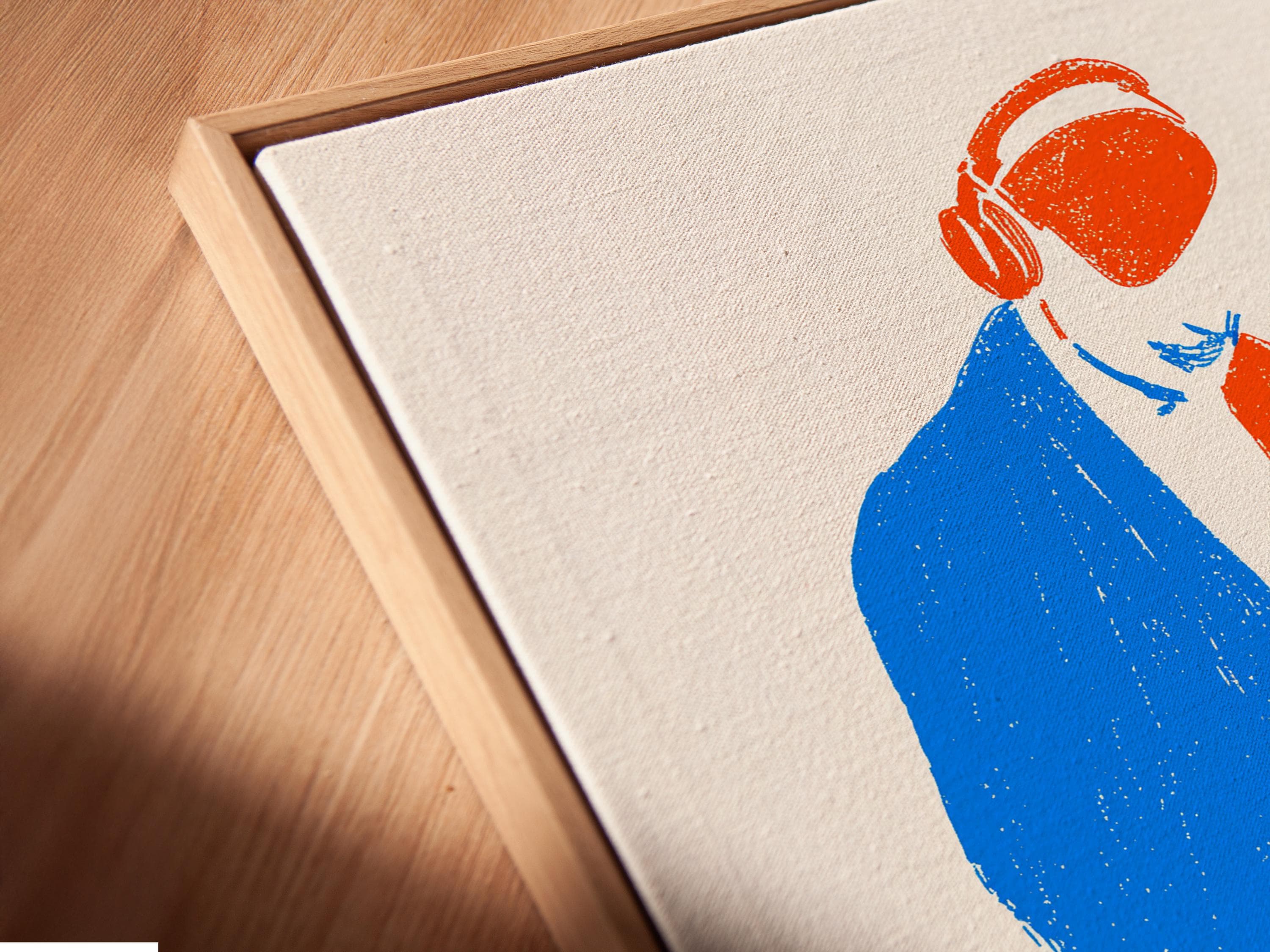Room mockup showing a framed DJ turntable illustration in blue and orange tones