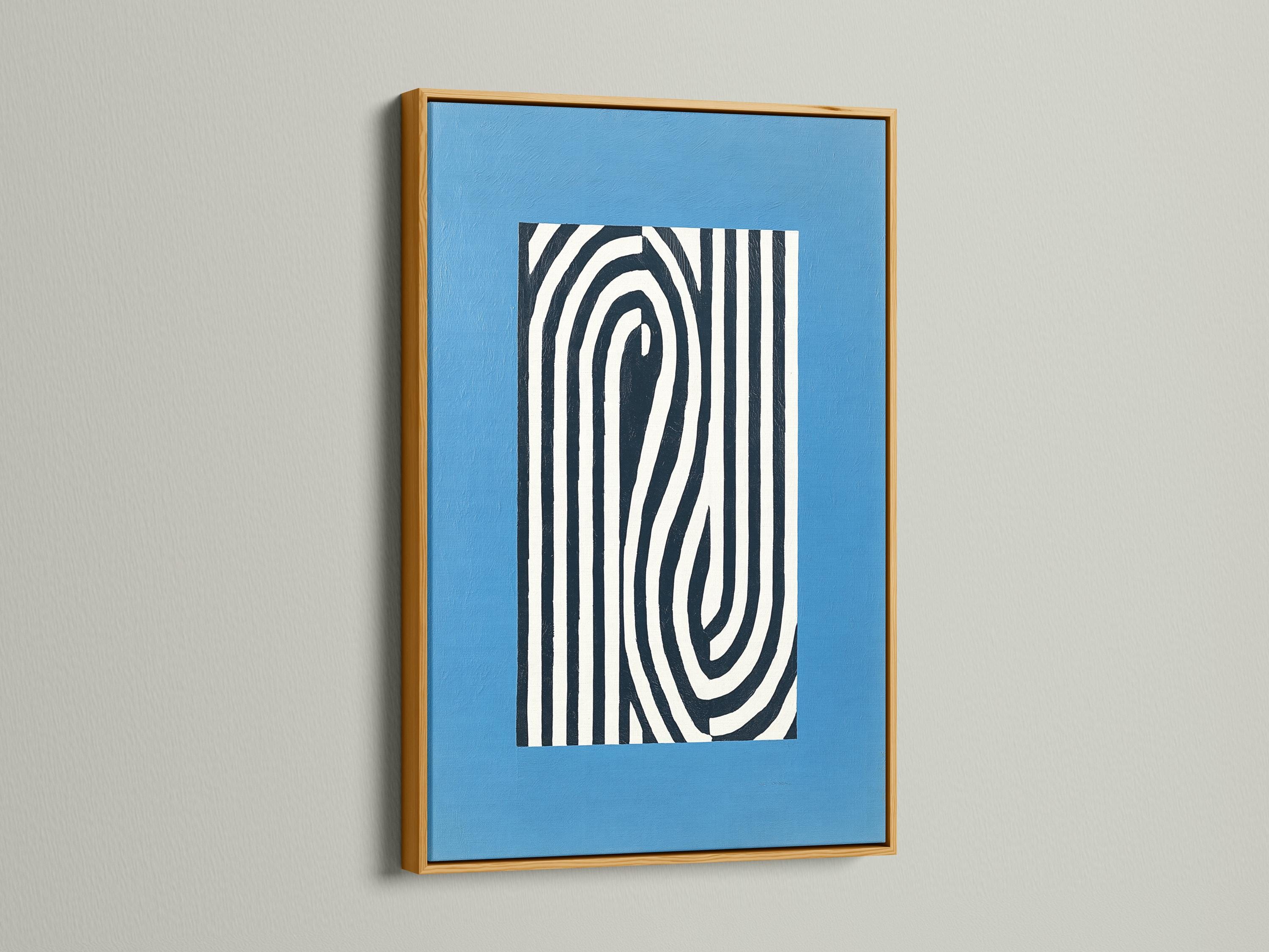Abstract blue artwork with black and white vertical stripes and curved concentric lines detail view