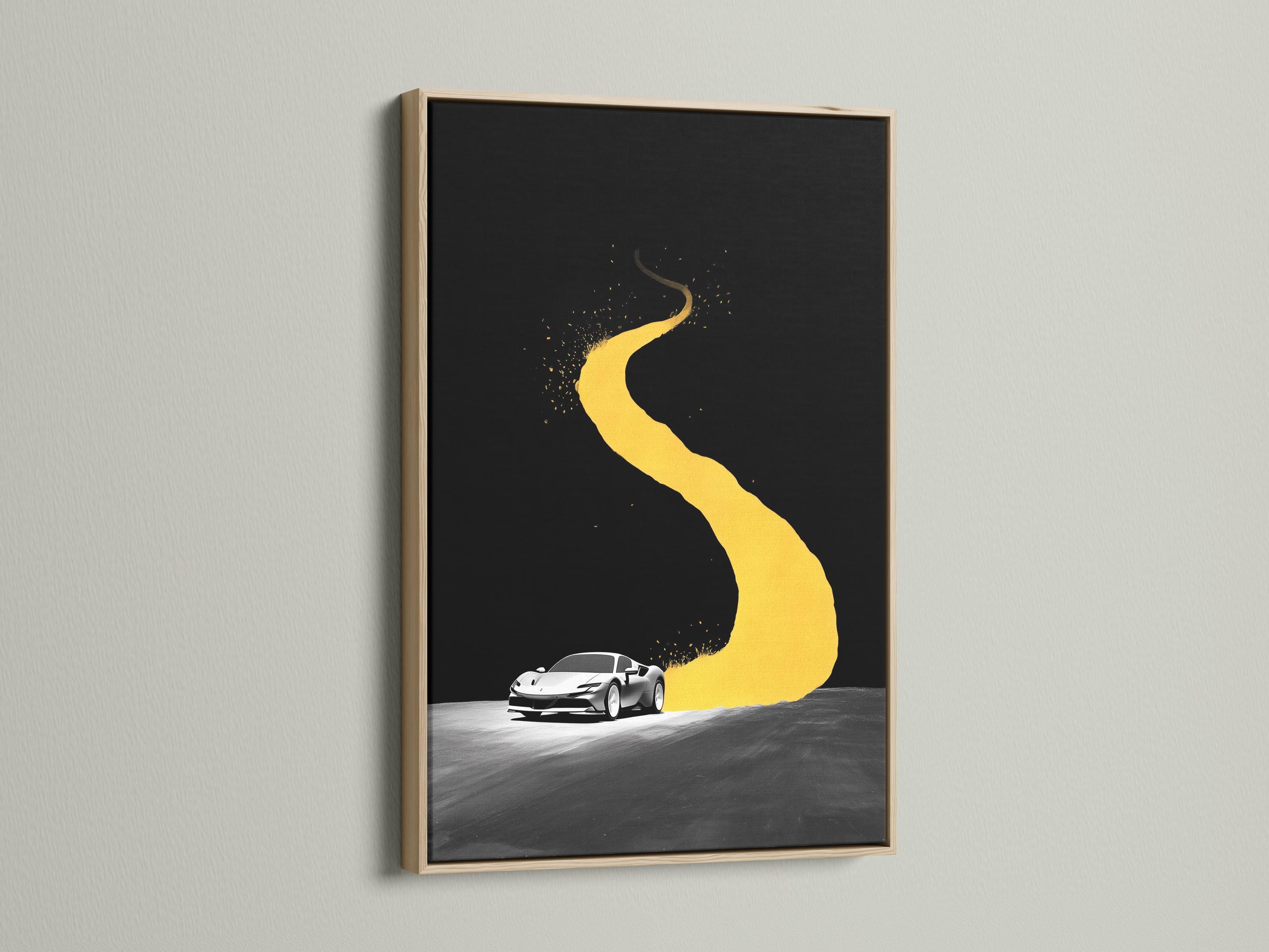 Stylised sports car on a dark road with a looping yellow track shape detail view