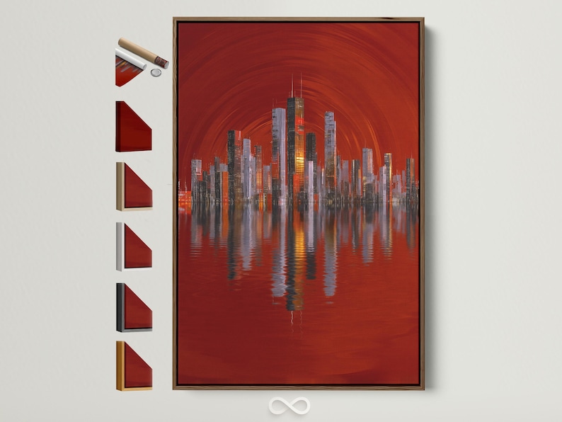 A red city skyline rises from a reflective body of water, framed by arcing light lines, with illuminated building windows and layered silhouettes