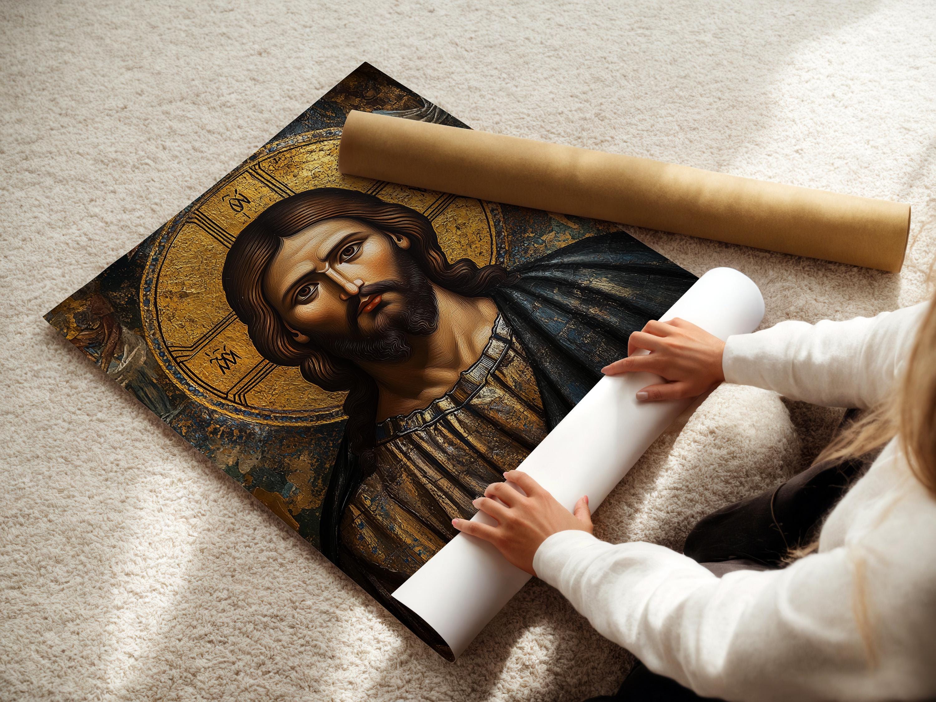 Byzantine-style portrait of Jesus Christ with a gold halo and textured dark background detail view