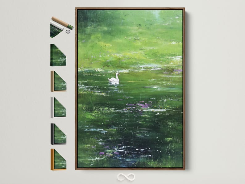White swan in a green pond painting with lily pads and small purple-pink blossoms