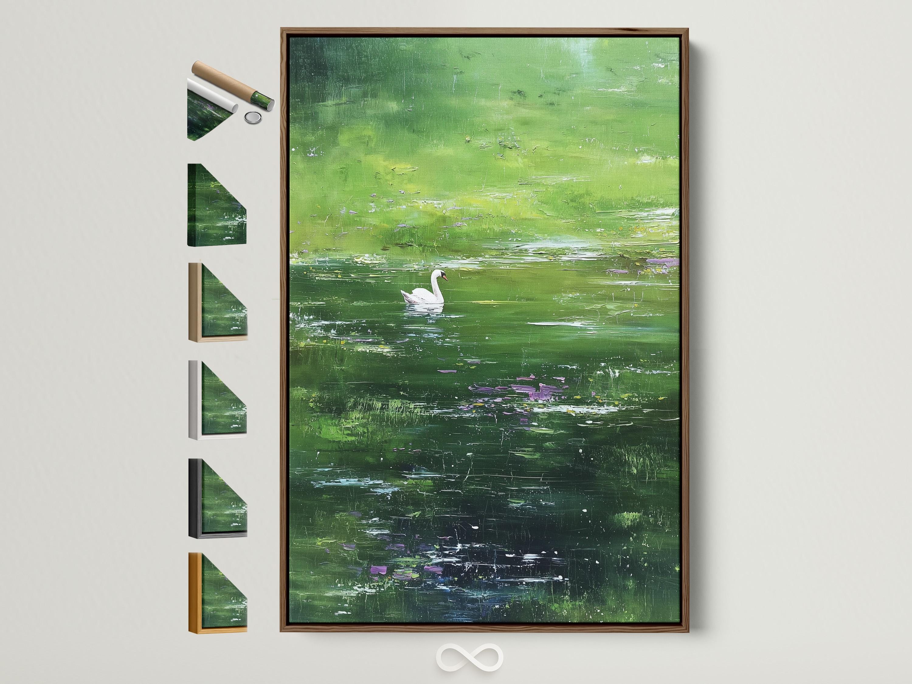 White swan in a green pond painting with lily pads and small purple-pink blossoms
