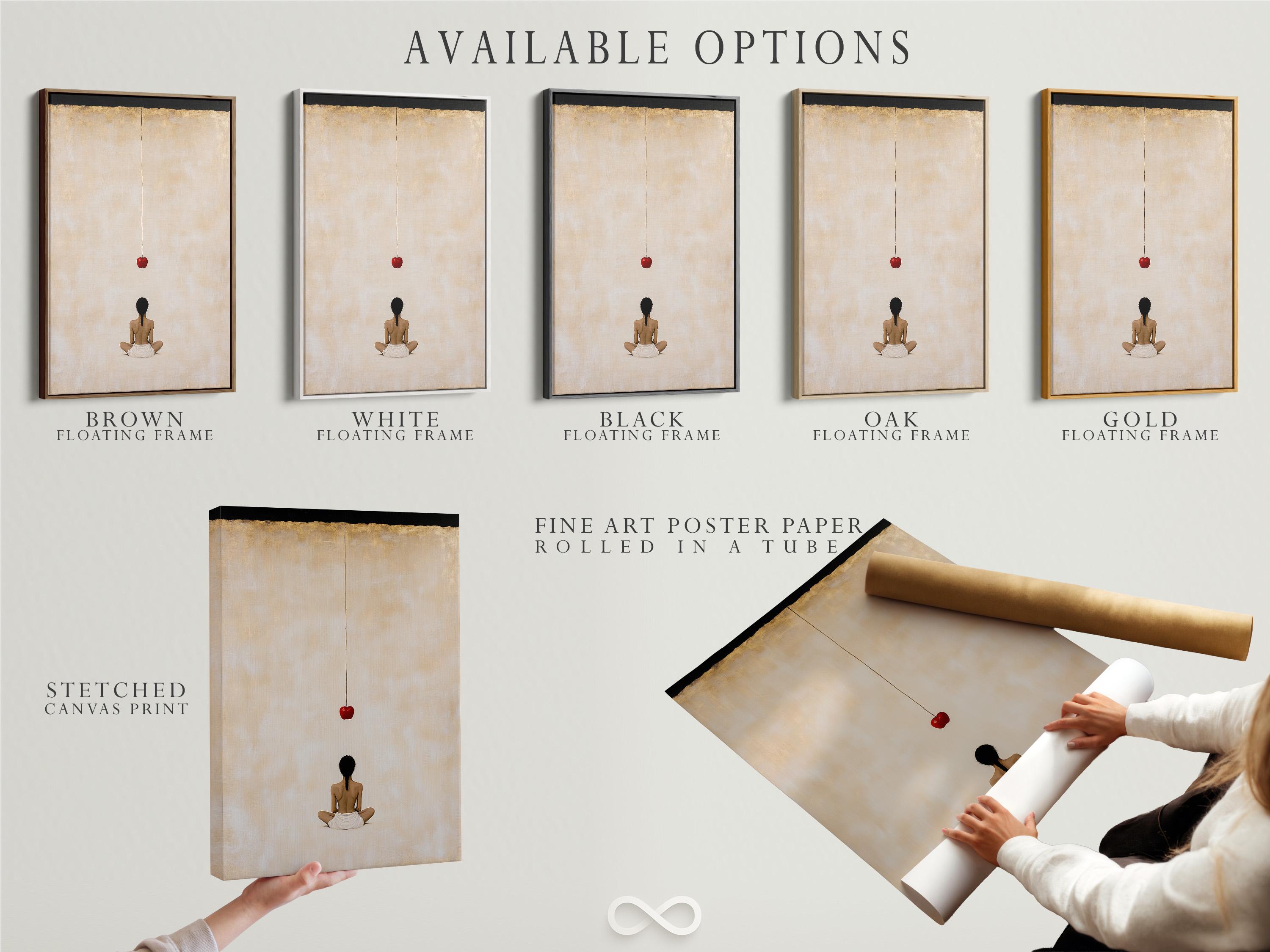 Minimalist meditating figure with a red apple on a warm beige background detail view
