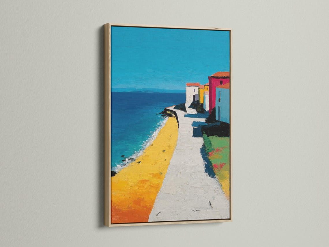 A bright seaside town scene shows turquoise ocean, a yellow sandy beach, and colourful buildings with painterly texture and strong diagonal detail