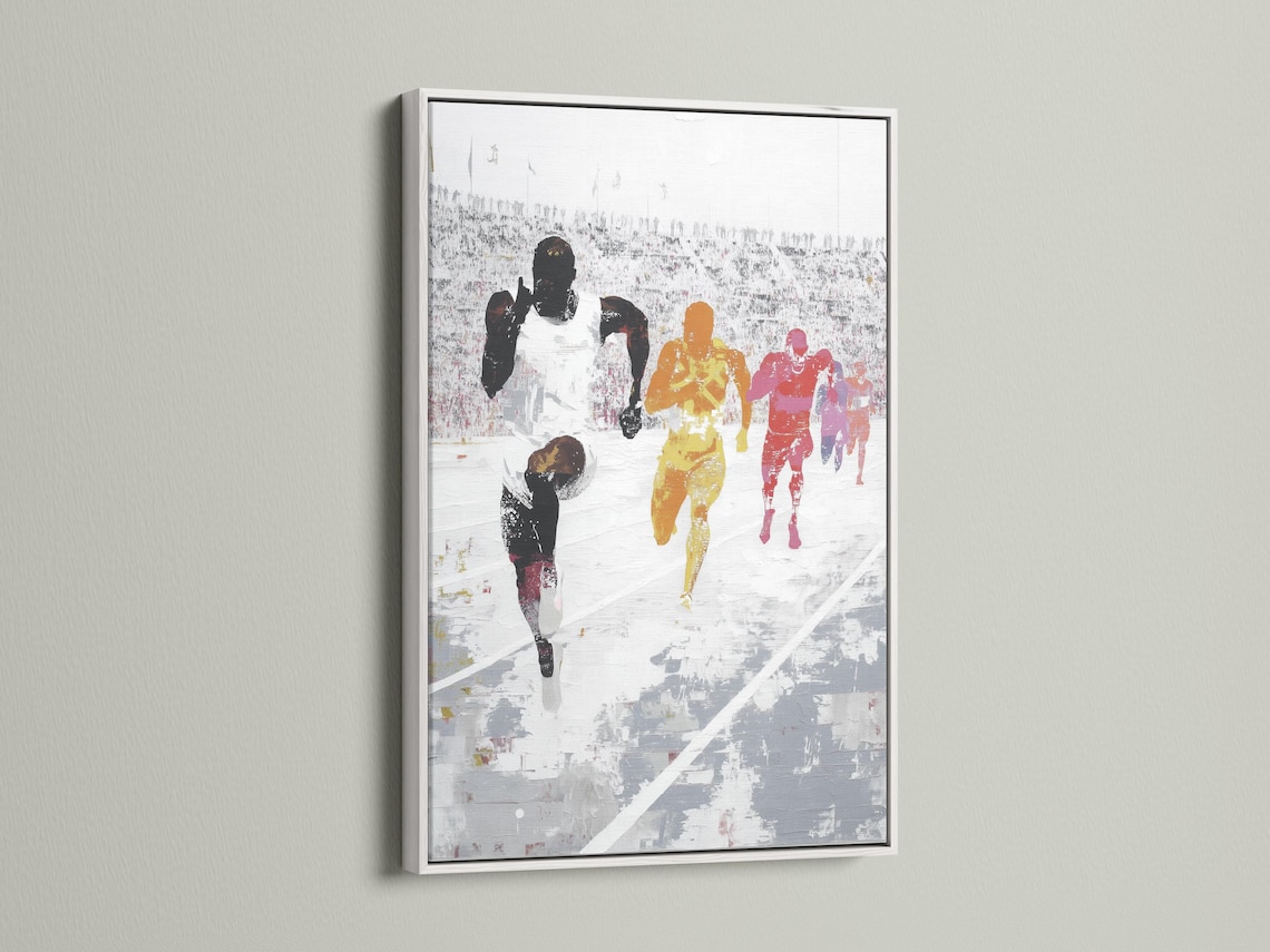 Painted runners race scene with dark silhouettes and orange, yellow and red highlights detail view