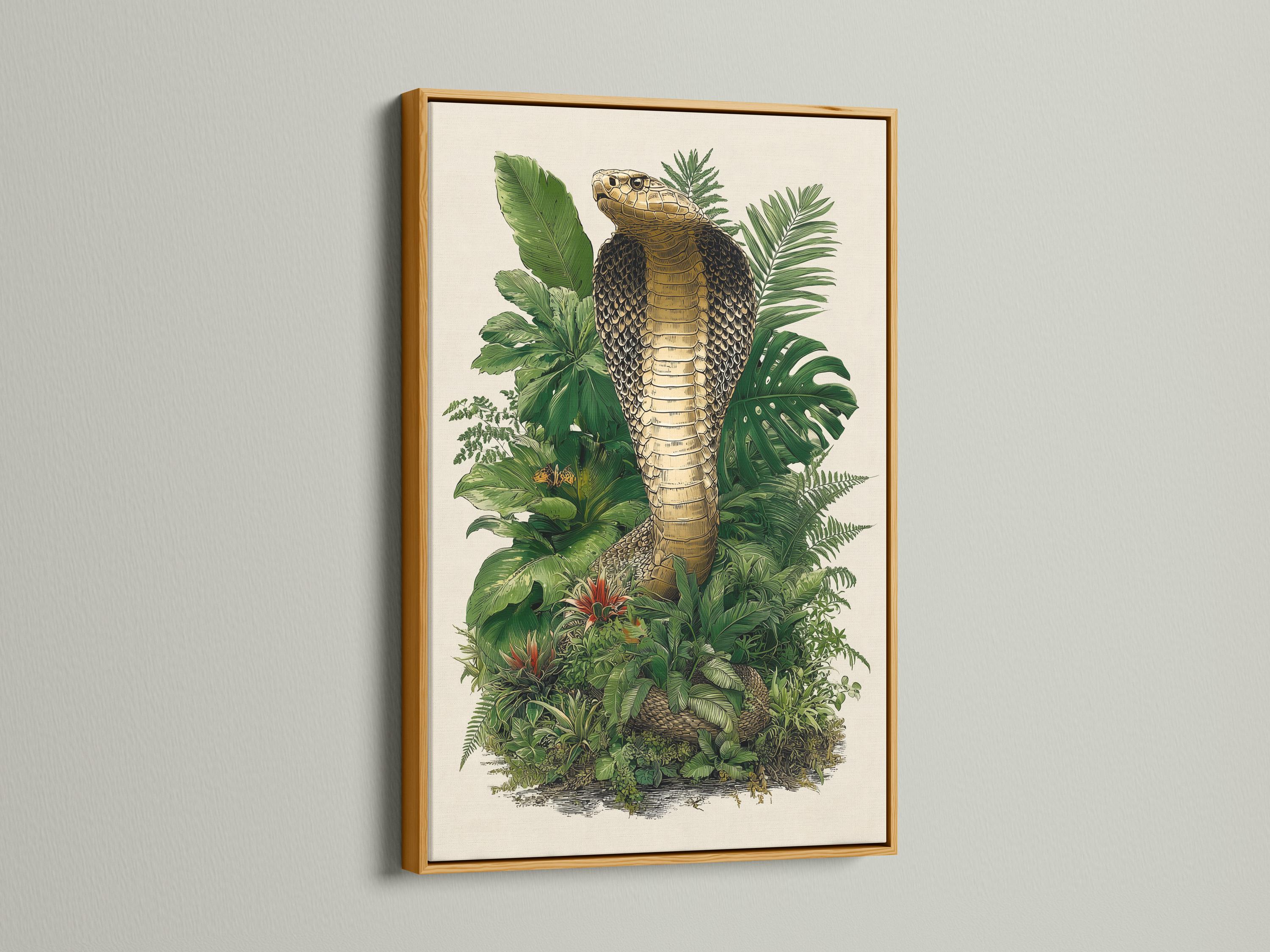 Coiled snake with patterned scales surrounded by dense green jungle leaves and small red flower accents detail view