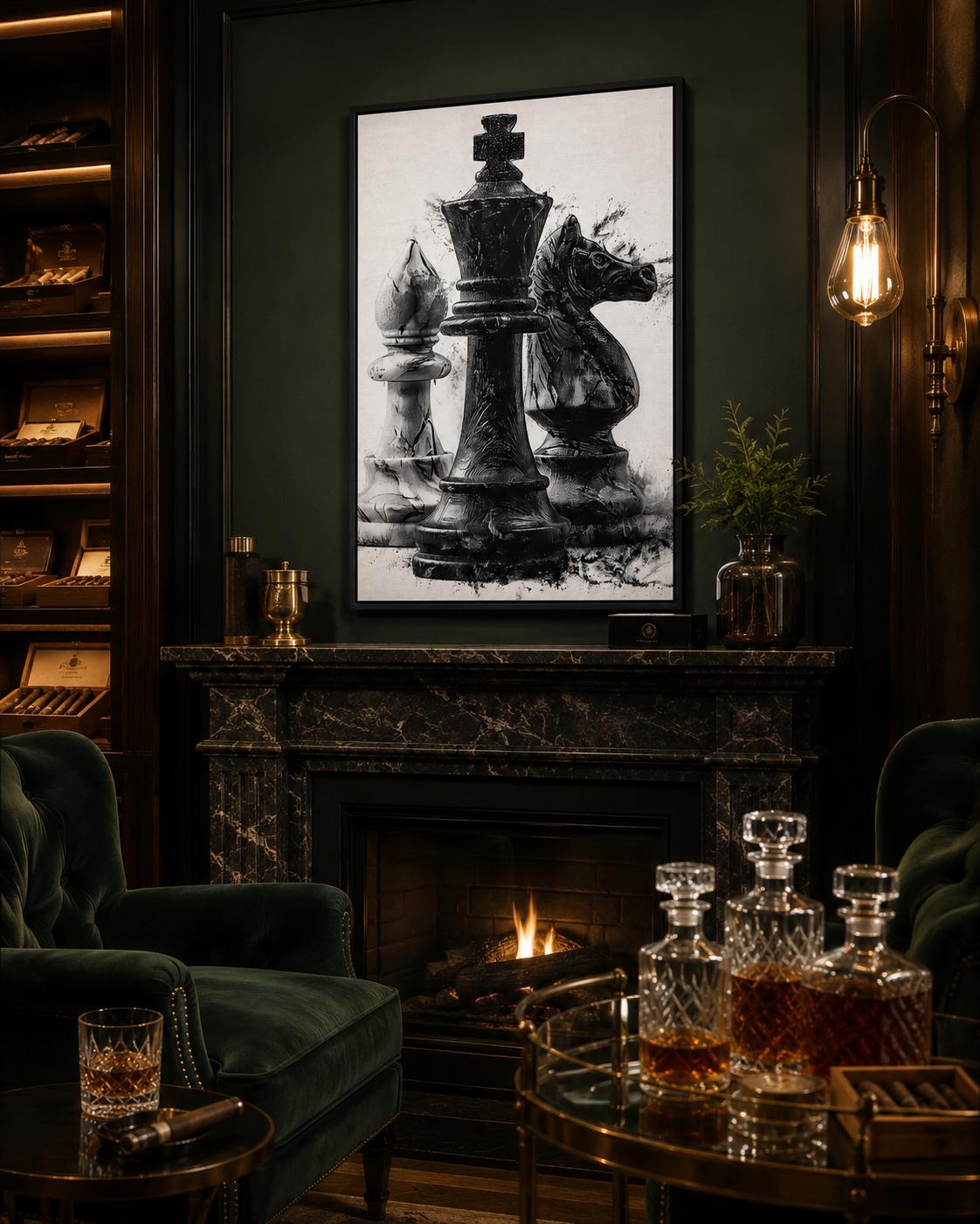 Monochrome chess artwork featuring a black king-like figure with distressed ink-splatter texture detail view