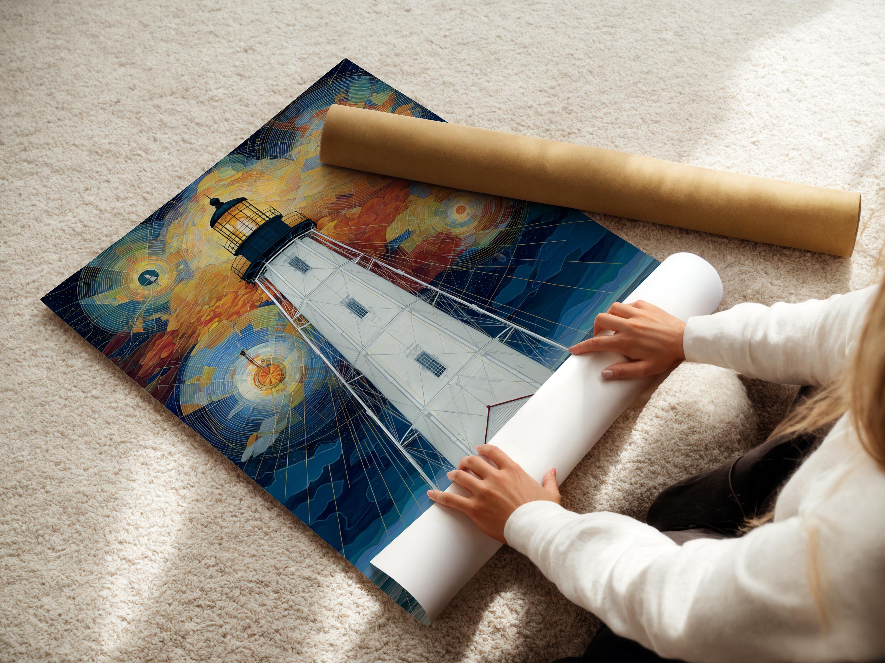 Geometric lighthouse painting with starry night sky and swirling circular light patterns detail view