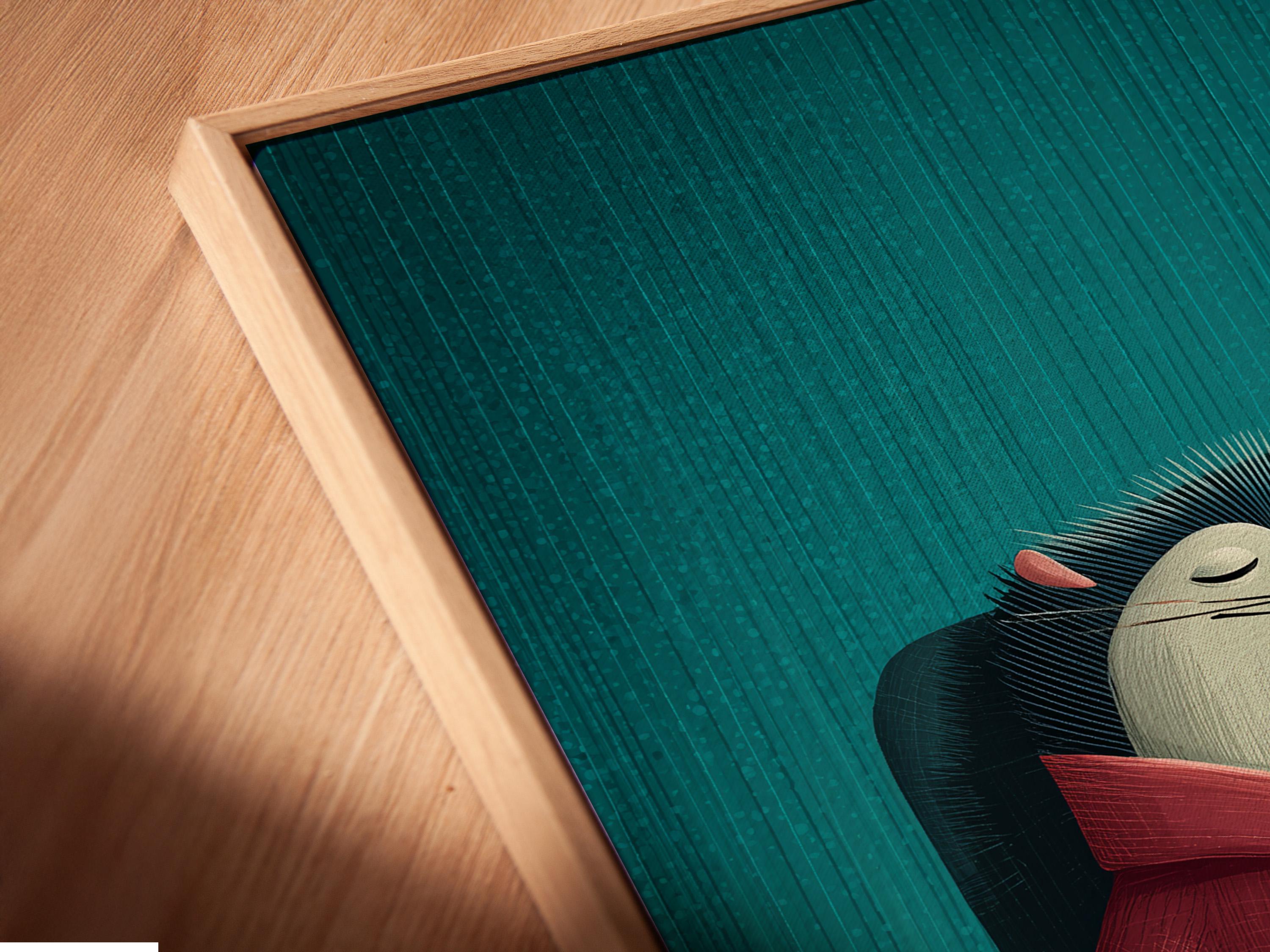 A hedgehog in a teal armchair reads a large red book, outlined by stylised quills on a striped teal background with an orange lamp and a wine glass