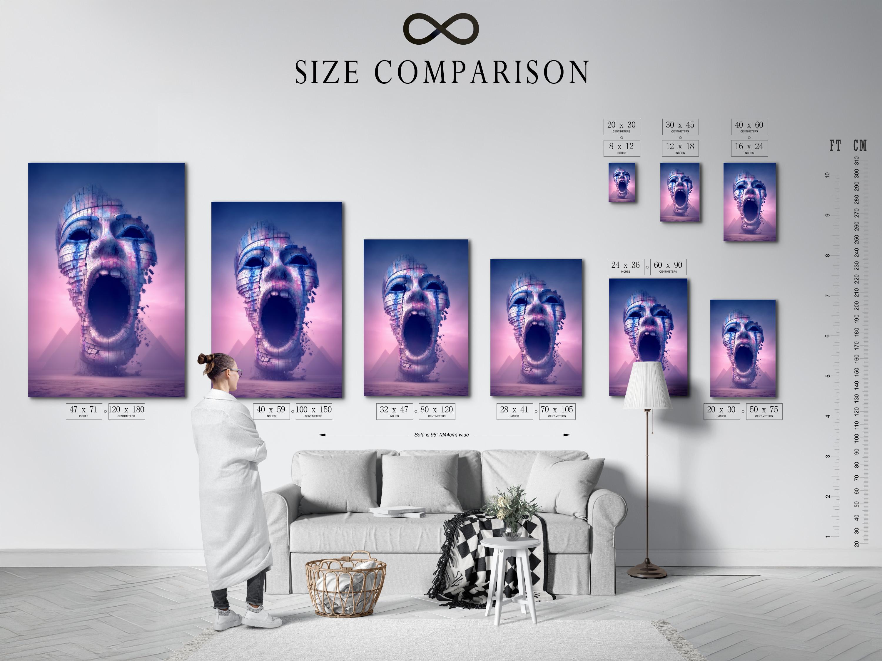 Portrait artwork of a surreal textured face in blue and pink-violet tones displayed in a mockup