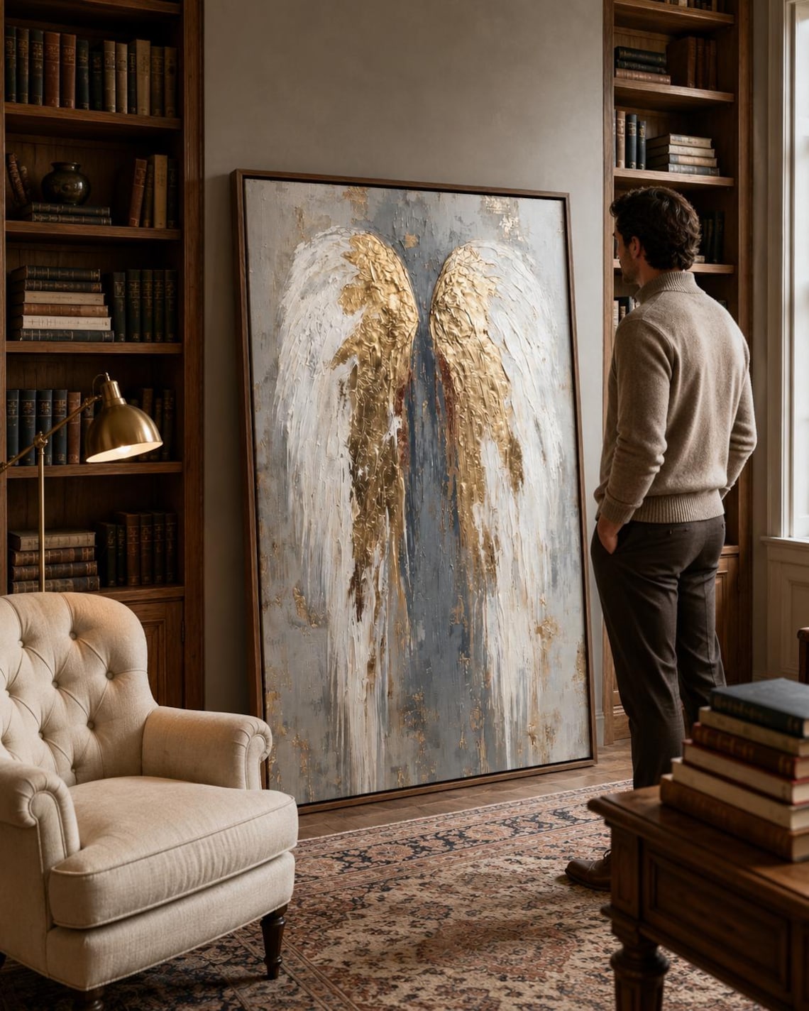 An angel-wing motif is shown symmetrically in layered white, grey and gold leaf-like tones, set against a textured neutral background detail view