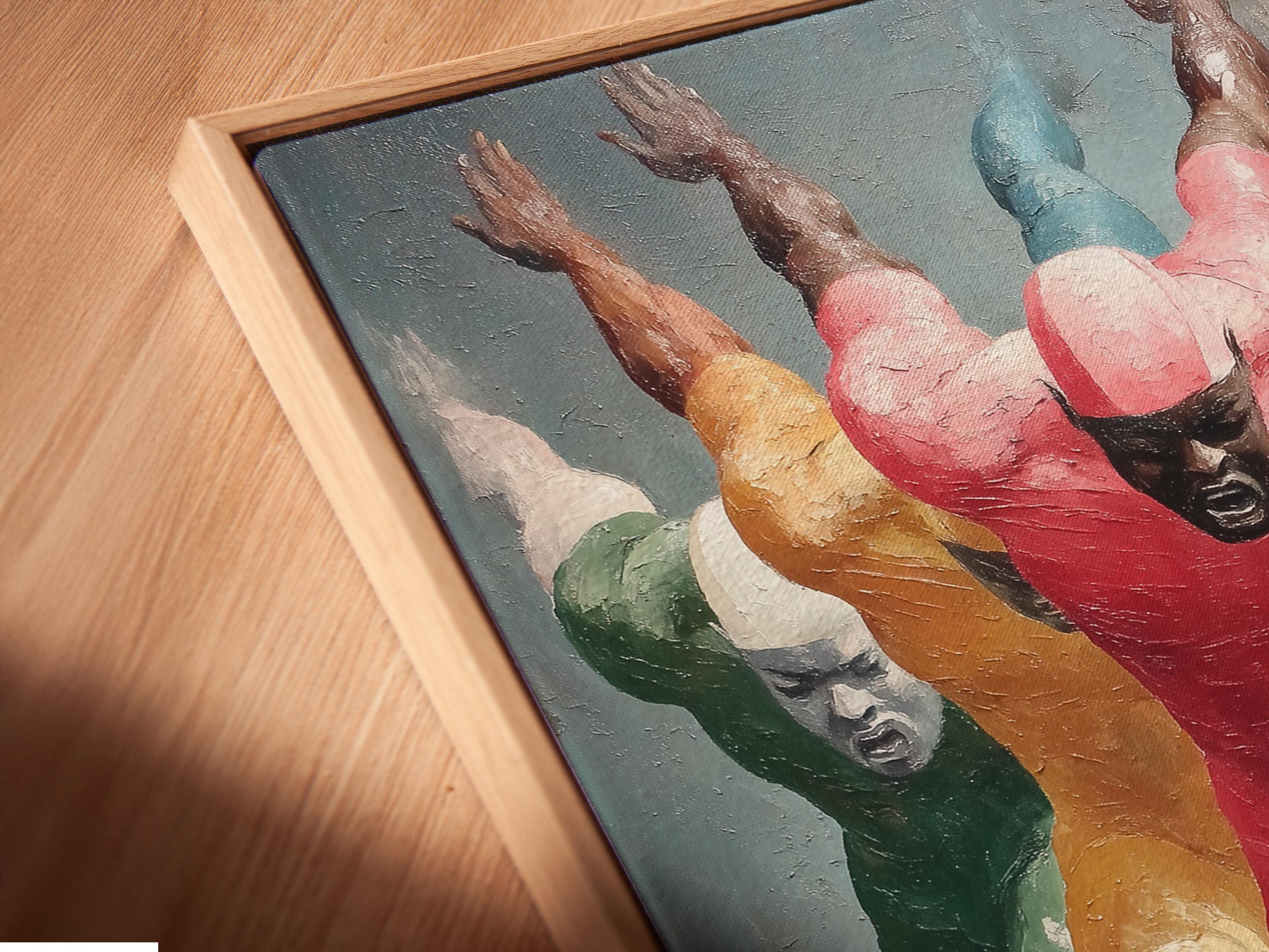 Colourful runners sprinting in a painterly style with a bright red central figure detail view