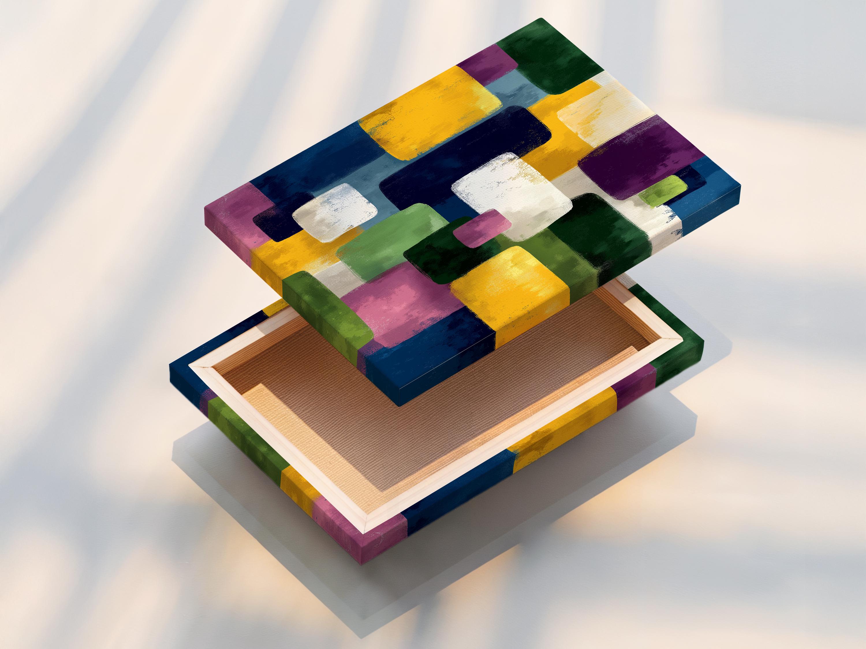 A framed geometric abstract artwork features overlapping colourful blocks—green, yellow, purple, blue and white—arranged in an irregular, layered