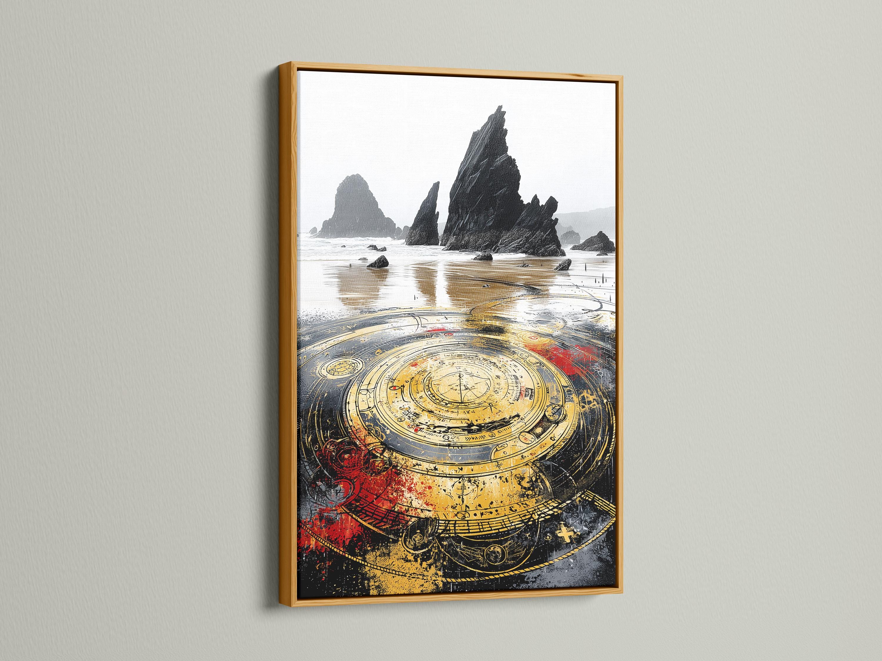 Moody seascape with dark rocks and a large ornate gold compass with red accents detail view