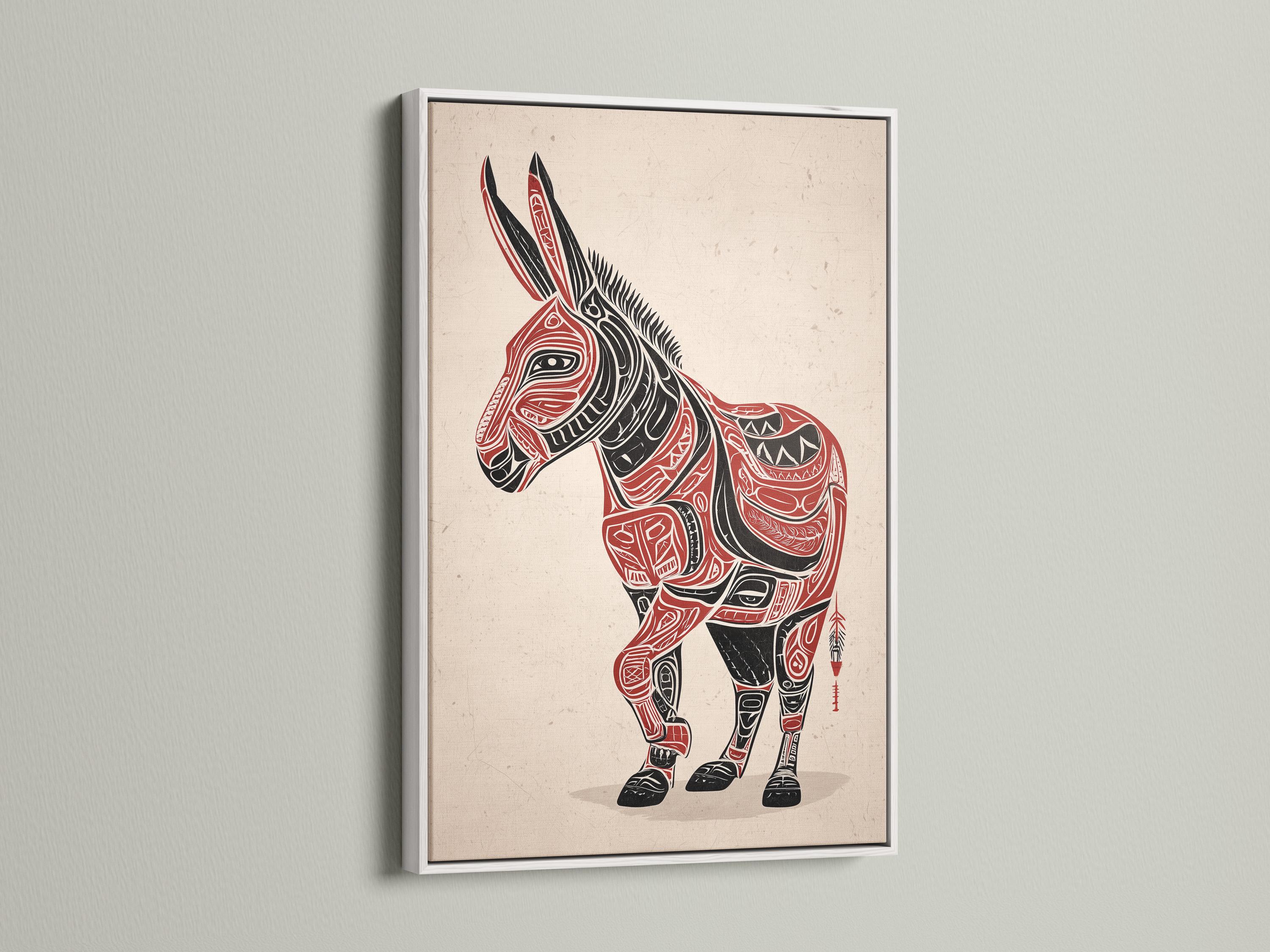 Stylised donkey illustration in black and red with patterned line details on an off-white textured background detail view