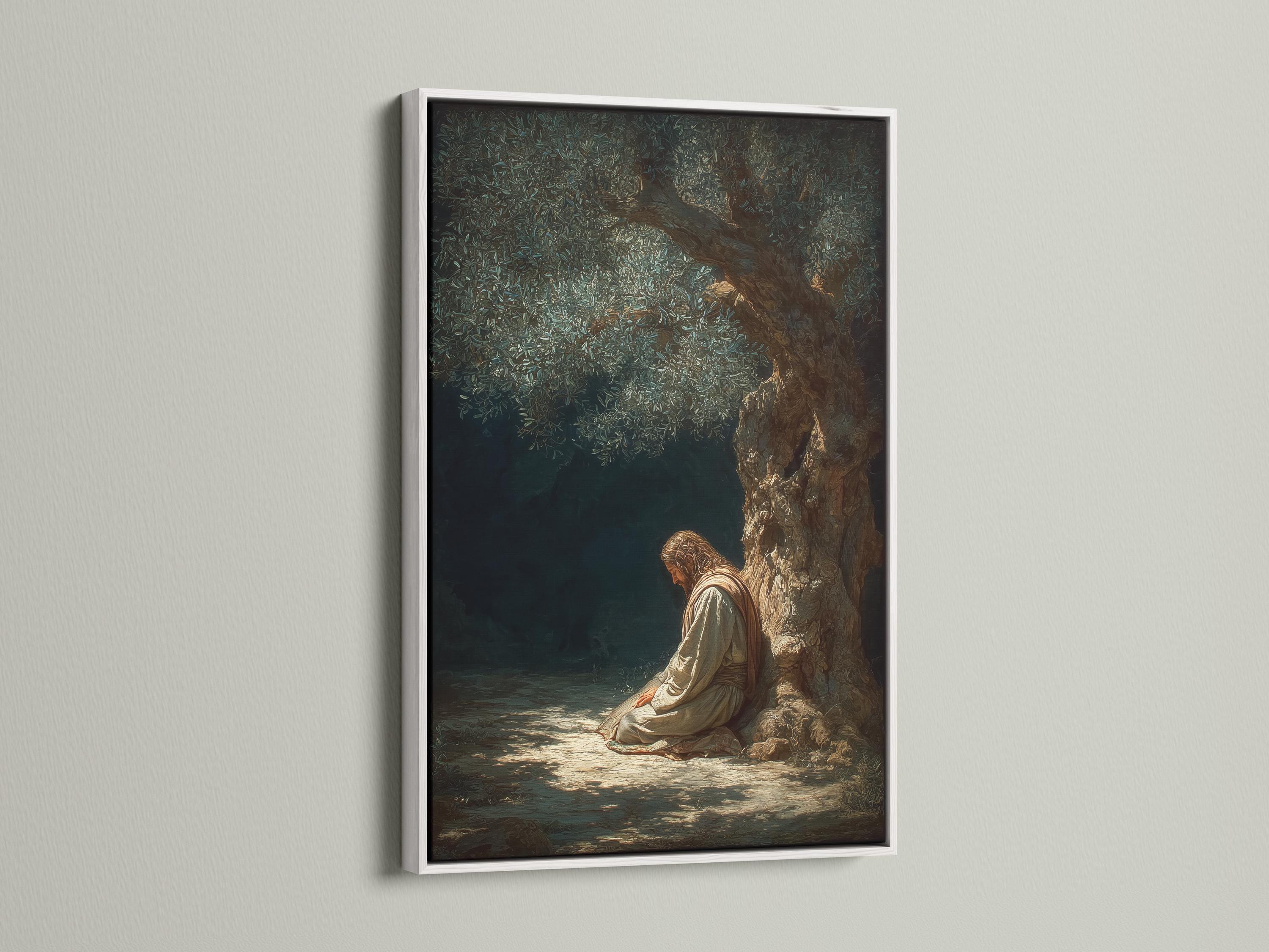 Olive tree praying figure artwork with muted greens and warm gold highlights detail view