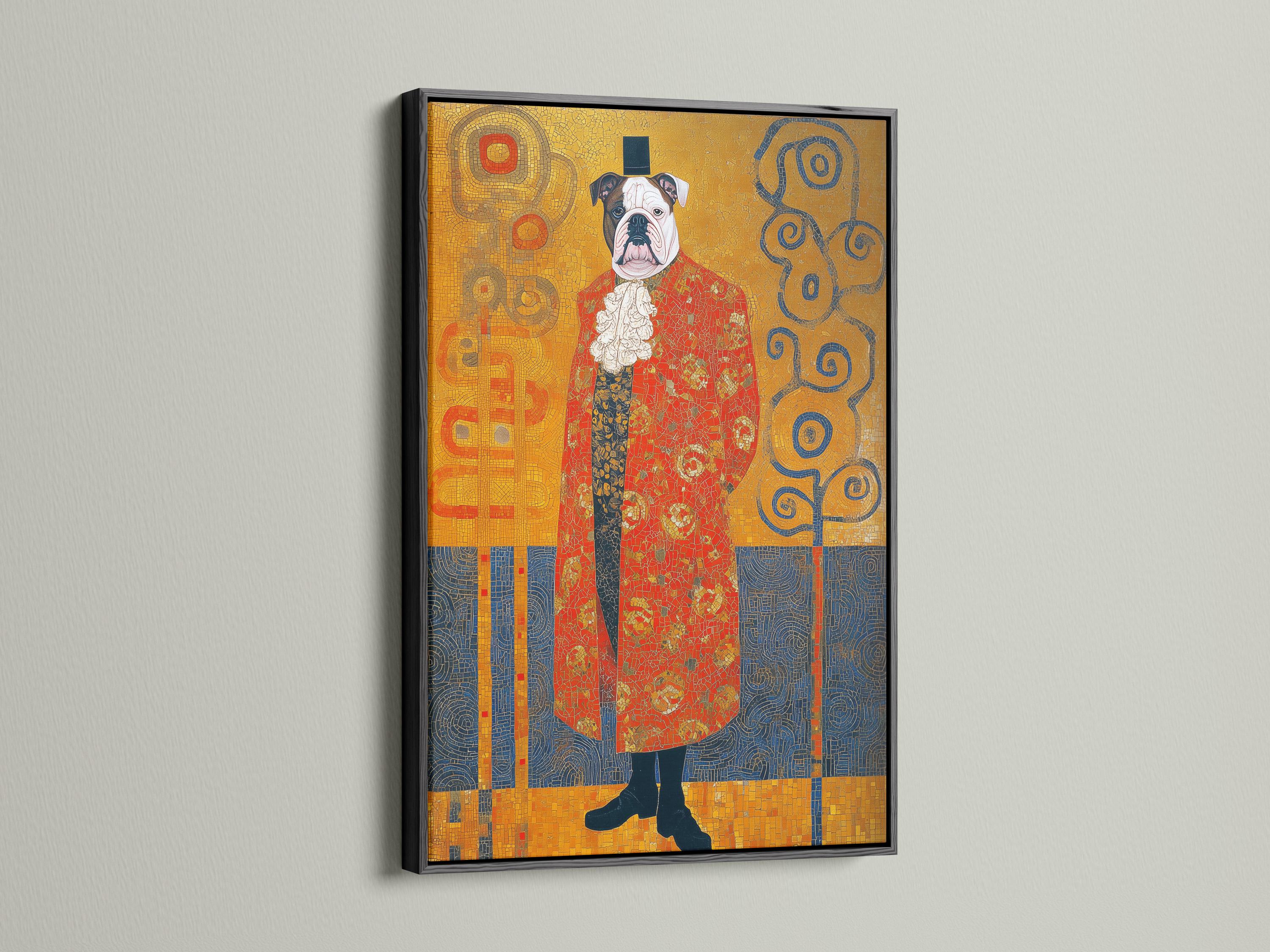 Stylised bulldog portrait with warm gold mosaic background, red coat and deep navy ornamental swirls detail view